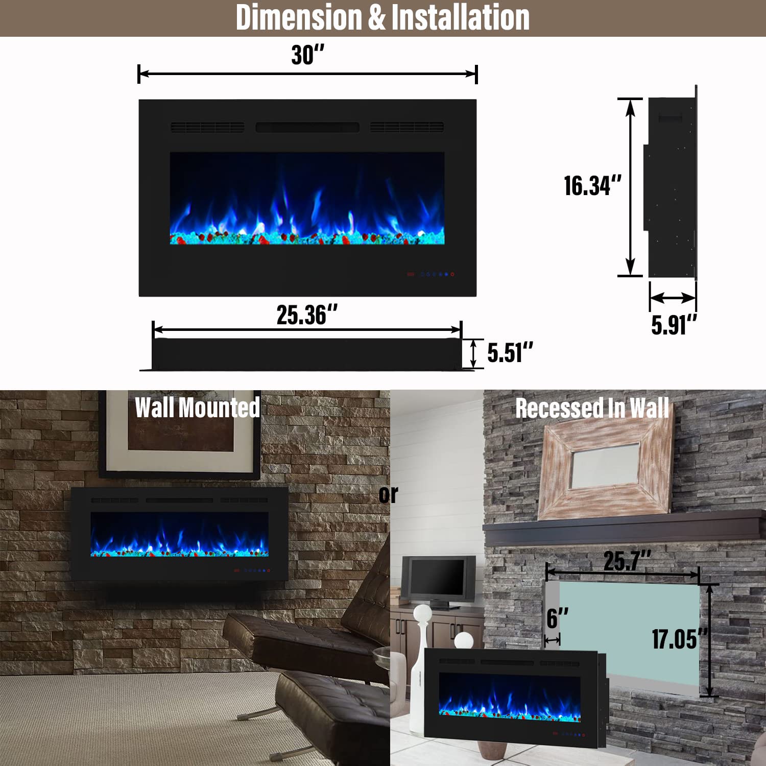 30 Inch Electric Fireplace Insert - Recessed Wall Mount Heater with Adjustable 13×13 Flame Colors, Thermostat & Timer - Remote & Touch Screen Control for Living Room, Bedroom & Office