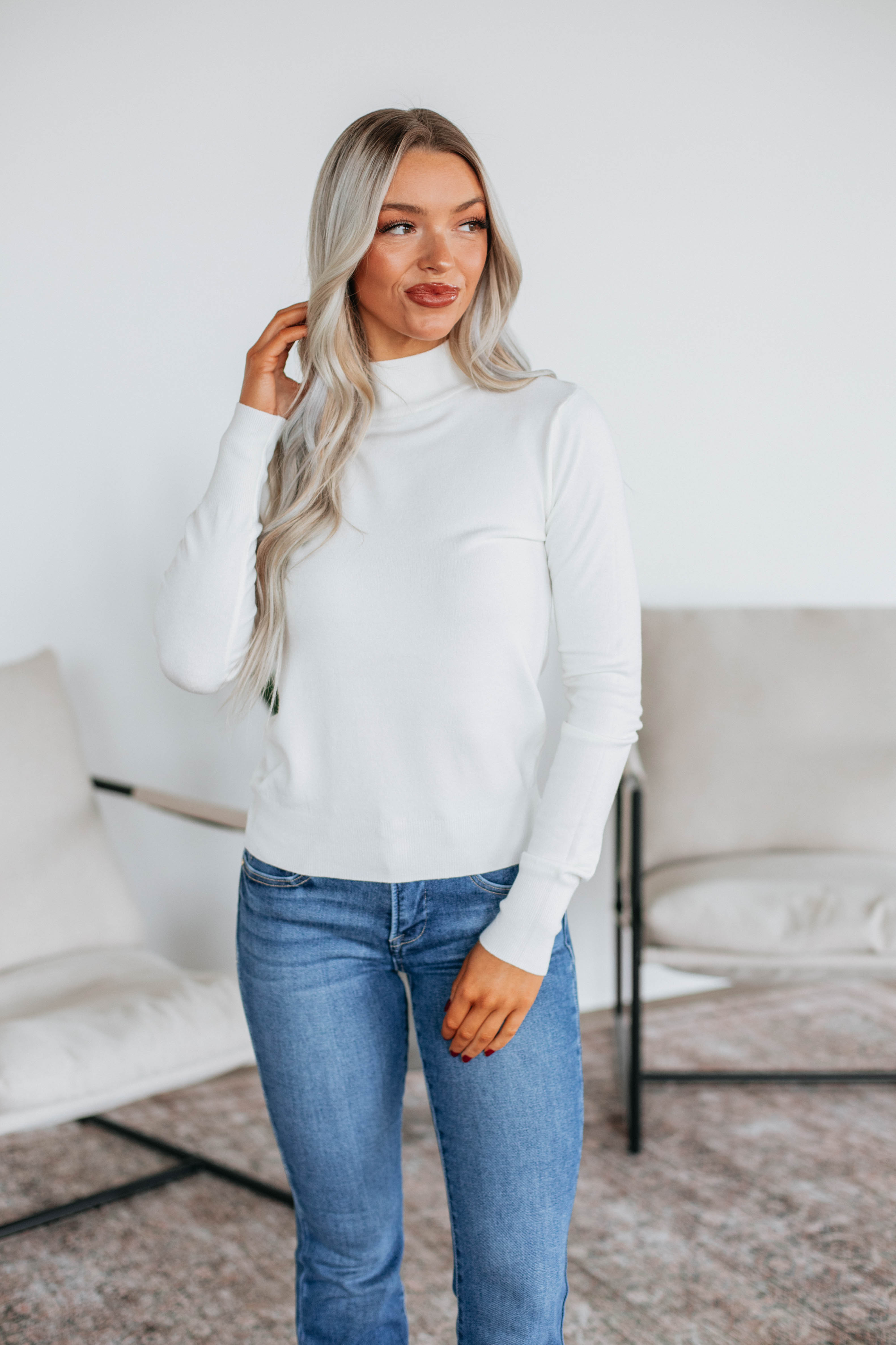 Afton Mock Neck Top for Women - Ivory Long Sleeve T-Shirt - Casual & Work Wear - Perfect for Office, Outfits & Layering