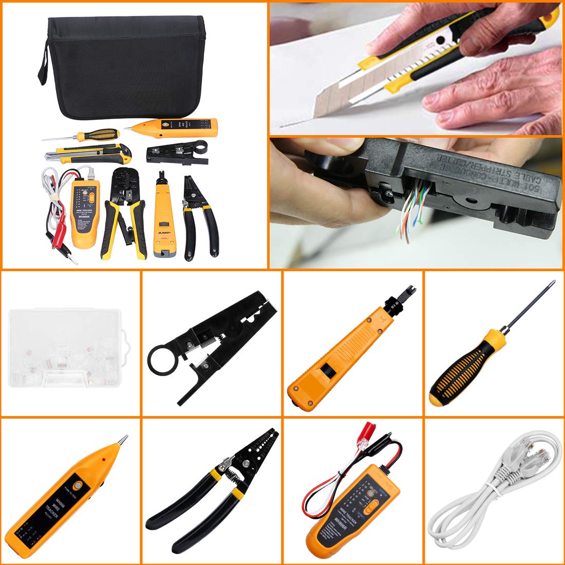 Professional RJ45 Crimping Tool Kit - 10 in 1 Ethernet Cable Crimper for Cat5/Cat5e/Cat6, Rj45/Rj11/Rj12 Connectors with 8P8C Network Tester & Punch Down Tool - Perfect for Home Networking, Office Setup & IT Maintenance