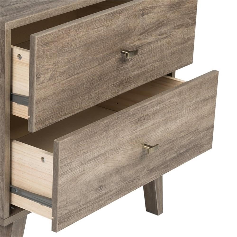Allora Mid Century Modern 2 Drawer Wooden Nightstand - Drifted Gray Finish Bedside Table for Bedroom, Living Room & Office Storage | Compact Night Stand with Drawers for Home Decor