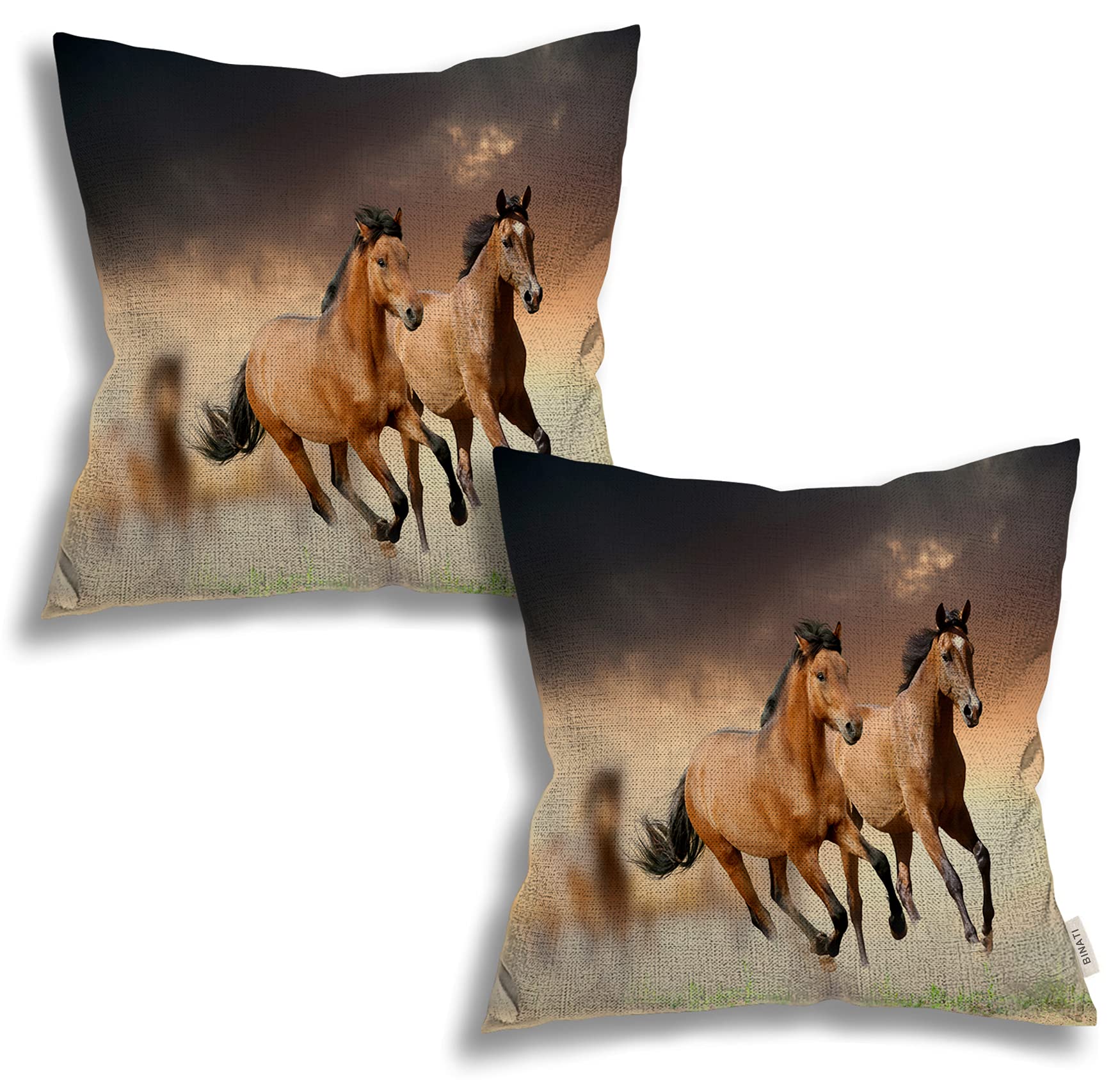 BINATONE Set of 2 Horse Herd Running in Desert Sandstorm Throw Pillow Covers - 18x18 Inch Square Linen Decorative Pillow Cases for Sofa, Bed, Living Room Home Decor