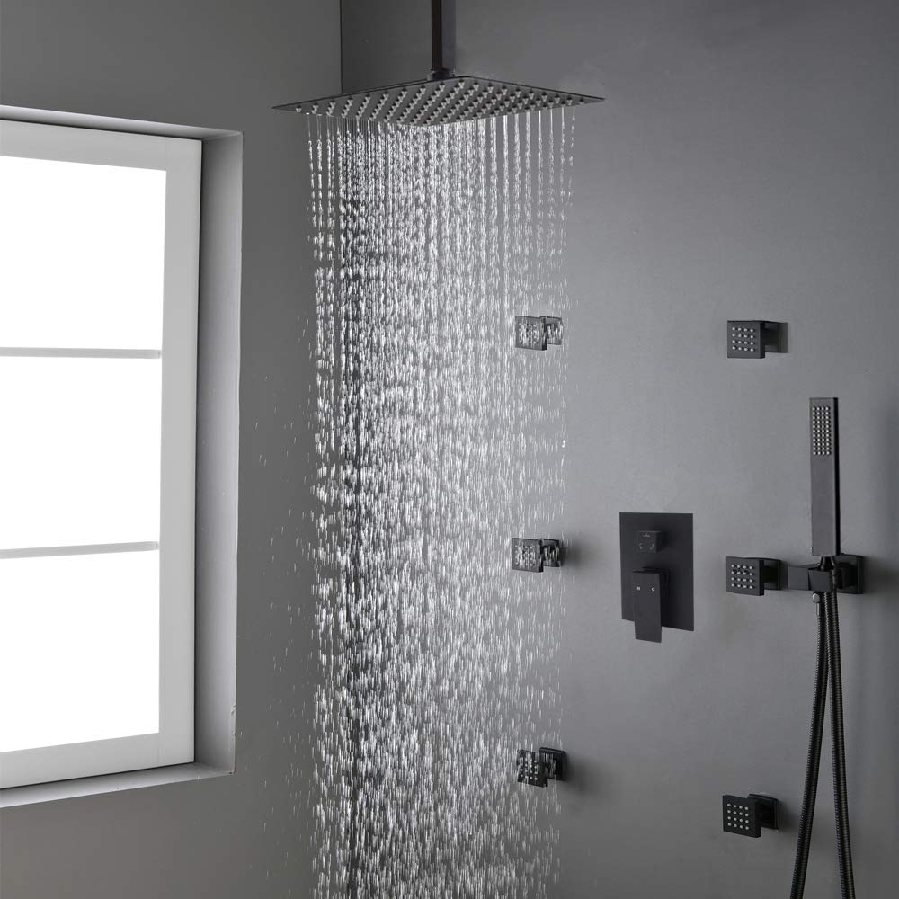AYIVG 12 Inch Black Ceiling Rainfall Shower System with 6 Body Spray Jets - Modern Bathroom Mixer Shower Set for Luxurious Spa Experience at Home