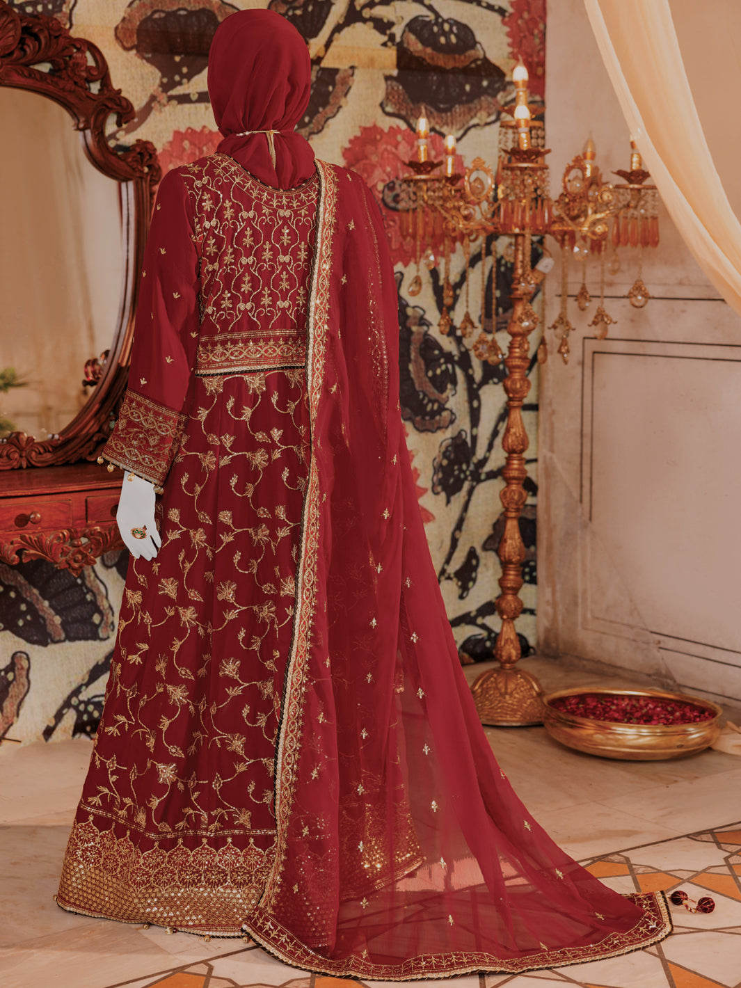 Elegant Red Chiffon Embroidered Suit by J. Junaid Jamshed - Perfect for Weddings, Parties & Special Occasions