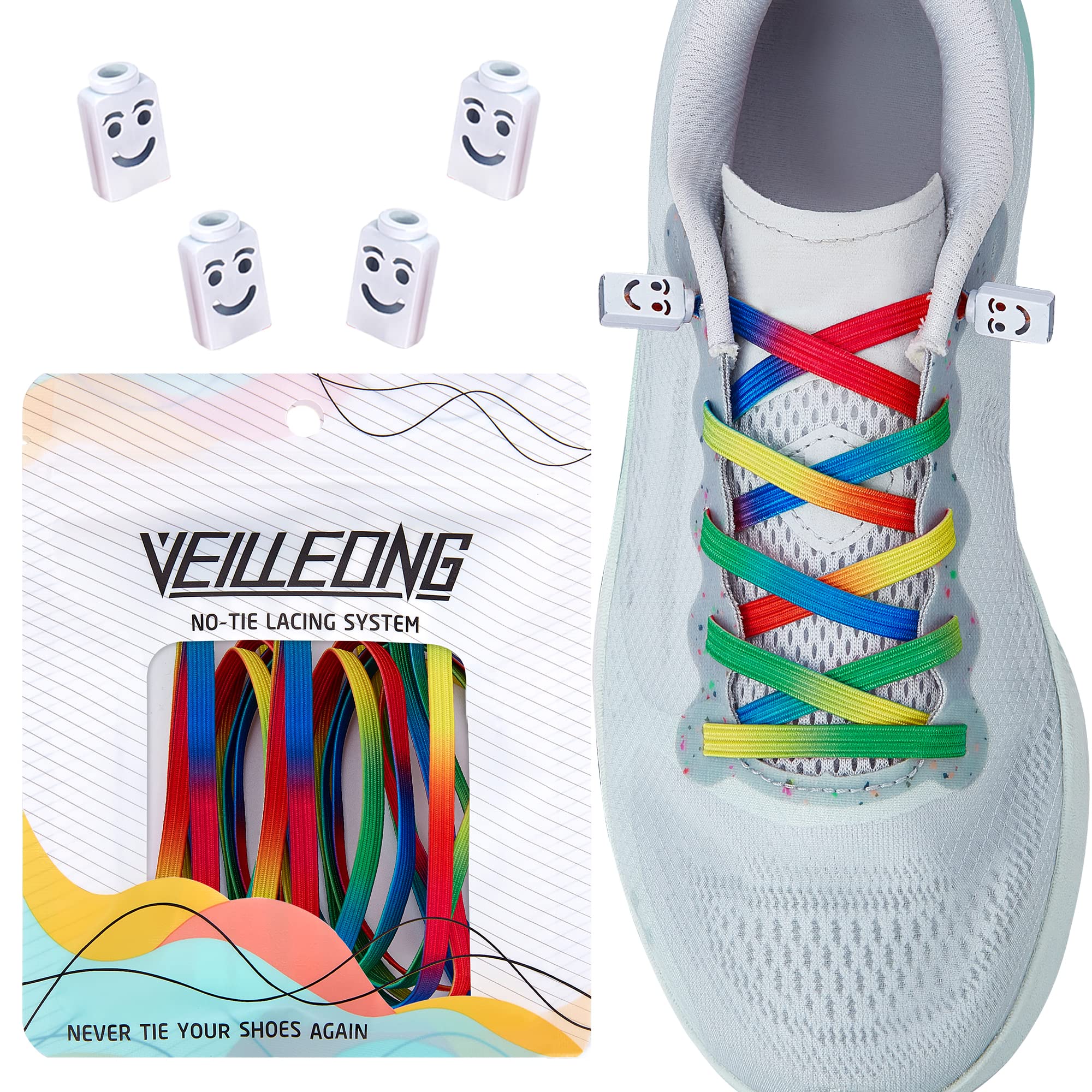 VEILLEONG Elastic No Tie Shoelaces for Kids & Adults - One Size Fits All - Comfortable & Adjustable Shoe Laces for Sneakers, Running Shoes & Casual Wear