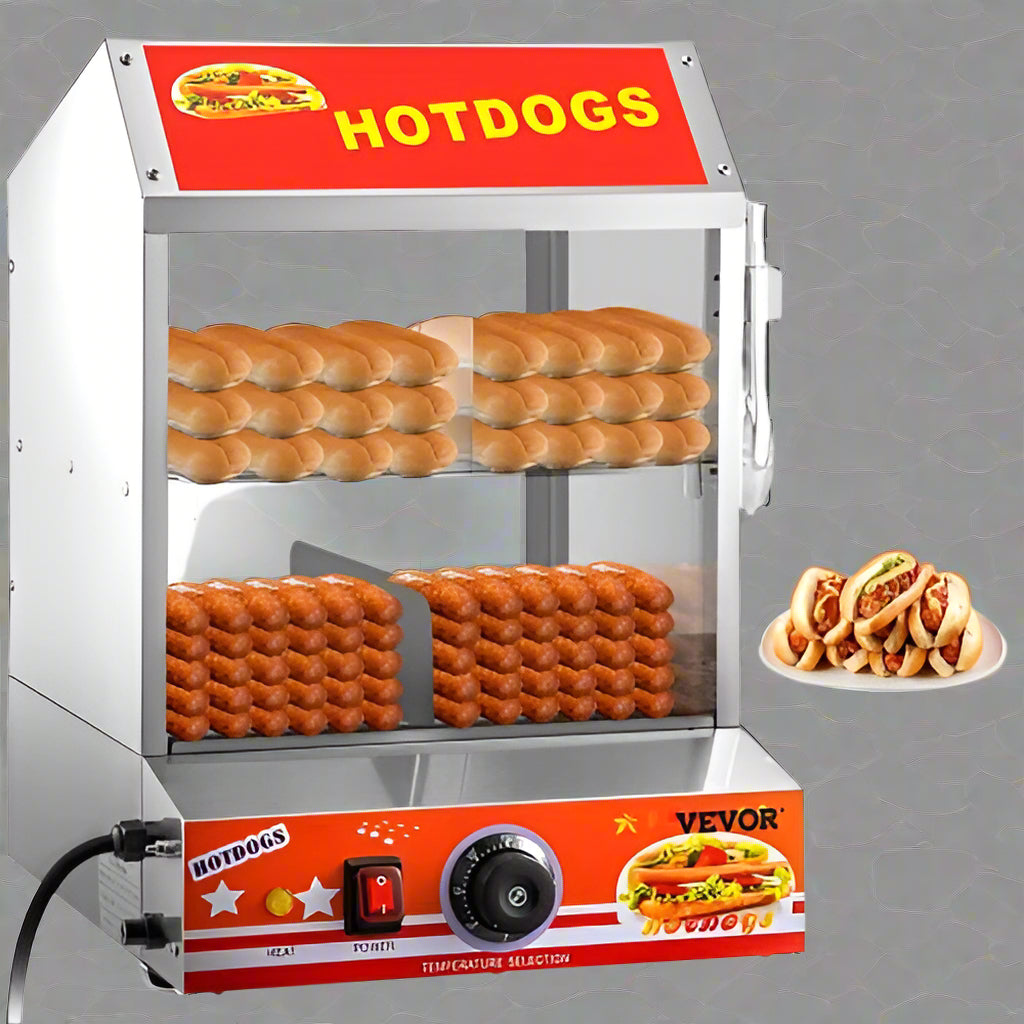 2 Tier Commercial Stainless Steel Hot Dog Steamer 27L with Bun Warmer - Perfect for Restaurants, Food Trucks & Concession Stands | SKU: 4393230