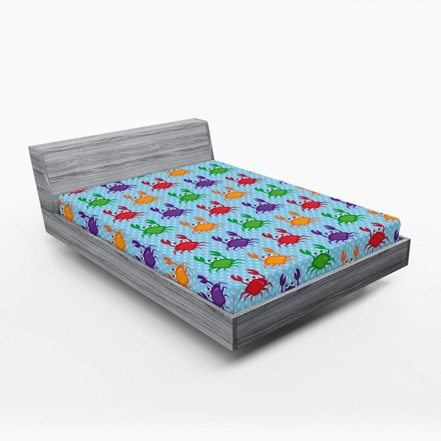 Ambesonne Crabs Fitted Sheet - Queen Size Cartoon Art Style Crab Print with Blue Background & Bubbles - Deep Pocket All-Around Elastic Bed Cover - Perfect for Kids' Rooms, Beach Themed Decor & Coastal Home Bedding