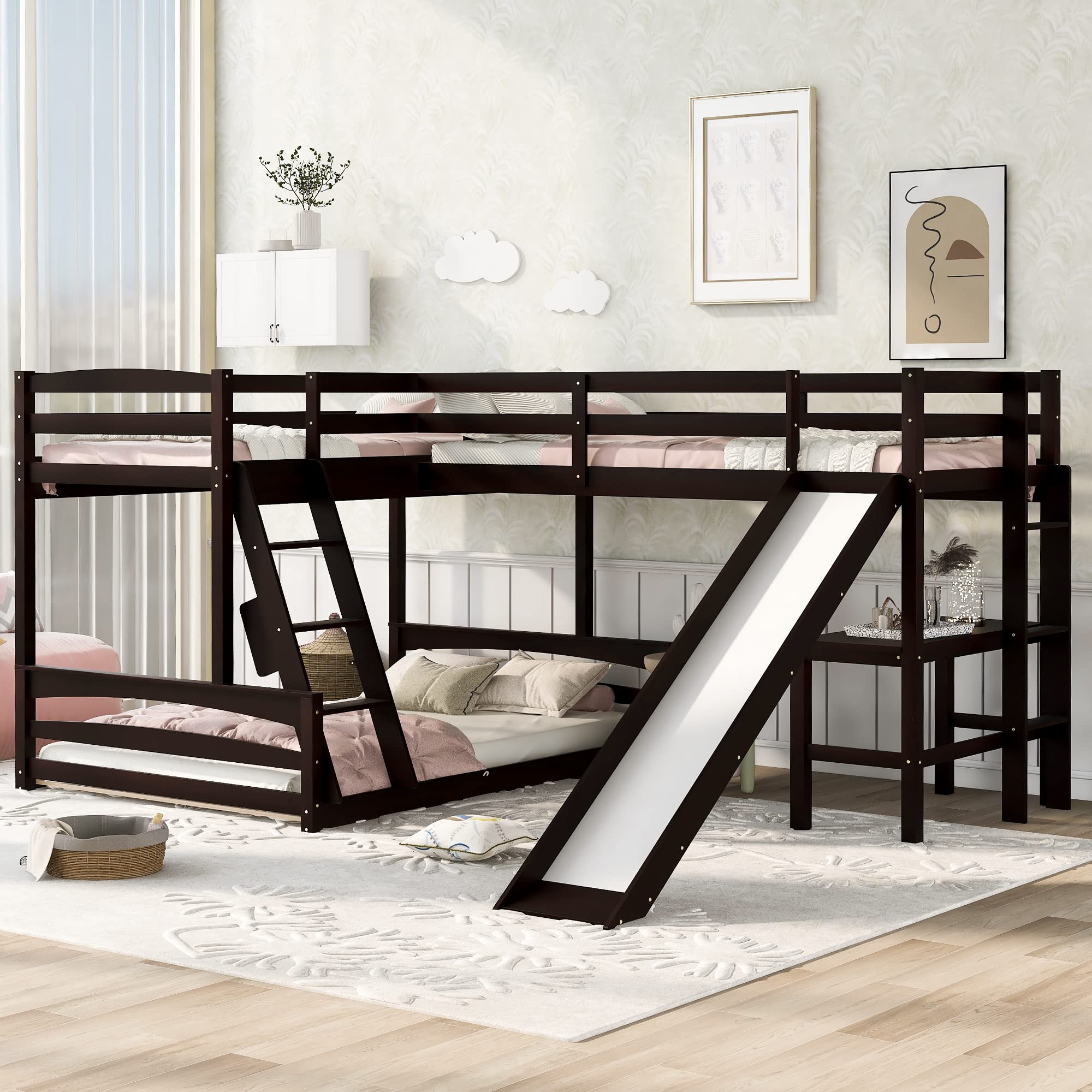 Merax Wood L-Shaped Bunk Bed with Loft - Triple Bed Frame with Built-in Desk, Slide & Safety Guardrails - Twin Over Full Size - Espresso Finish - Perfect for Kids' Bedrooms, Dorm Rooms & Space-Saving Home Furniture