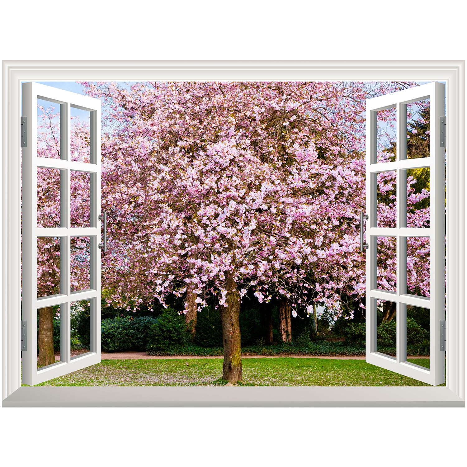 Wall26 Removable Wall Sticker & Mural - Cherry Blossom Sakura Flowers Blooming Window View | 24x32 Inch Peel & Stick Wall Decor for Bedroom, Nursery, Living Room, Office