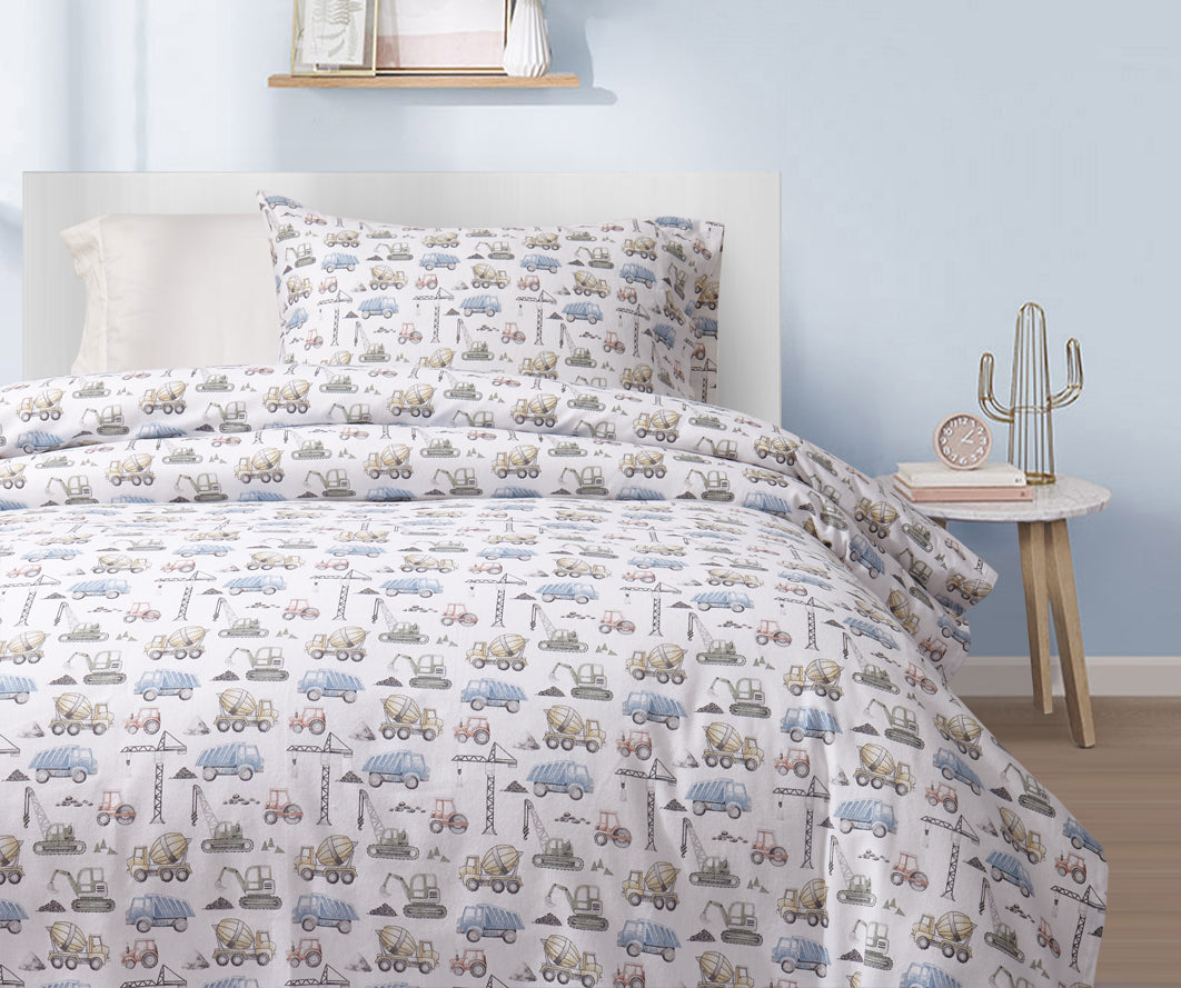 Soft Flannel Printed Construction Theme Bed Sheet Set - Queen Size, 4-Piece, Cozy & Durable - Perfect for Kids' Rooms, Construction Lovers & Themed Bedrooms