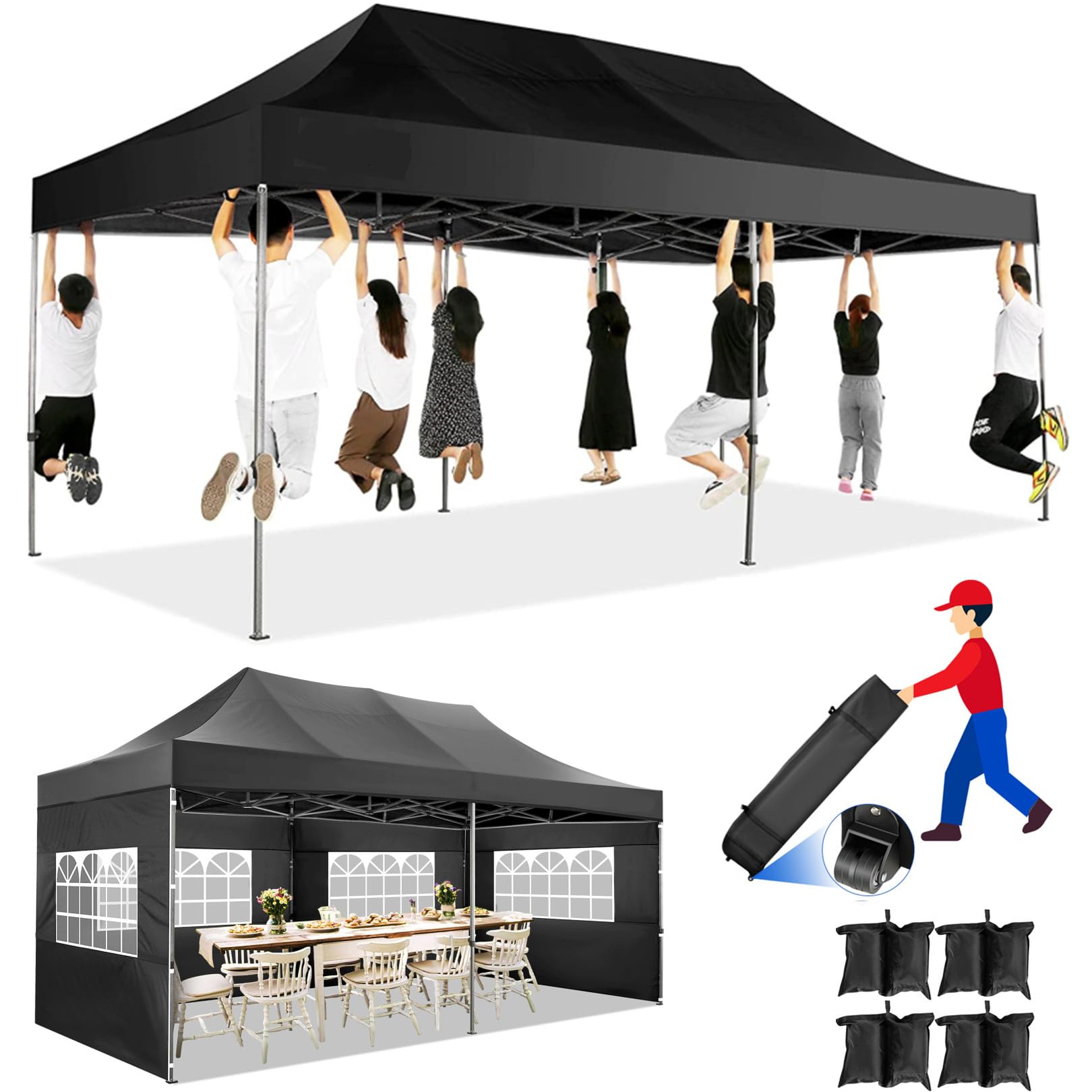 COBIZI 10x20 Heavy Duty Pop Up Canopy Tent with 6 Sidewalls - UPF 50+ Waterproof All-Weather Commercial Gazebo for Outdoor Weddings, Parties & Events - Includes Roller Carry Bag (Black)
