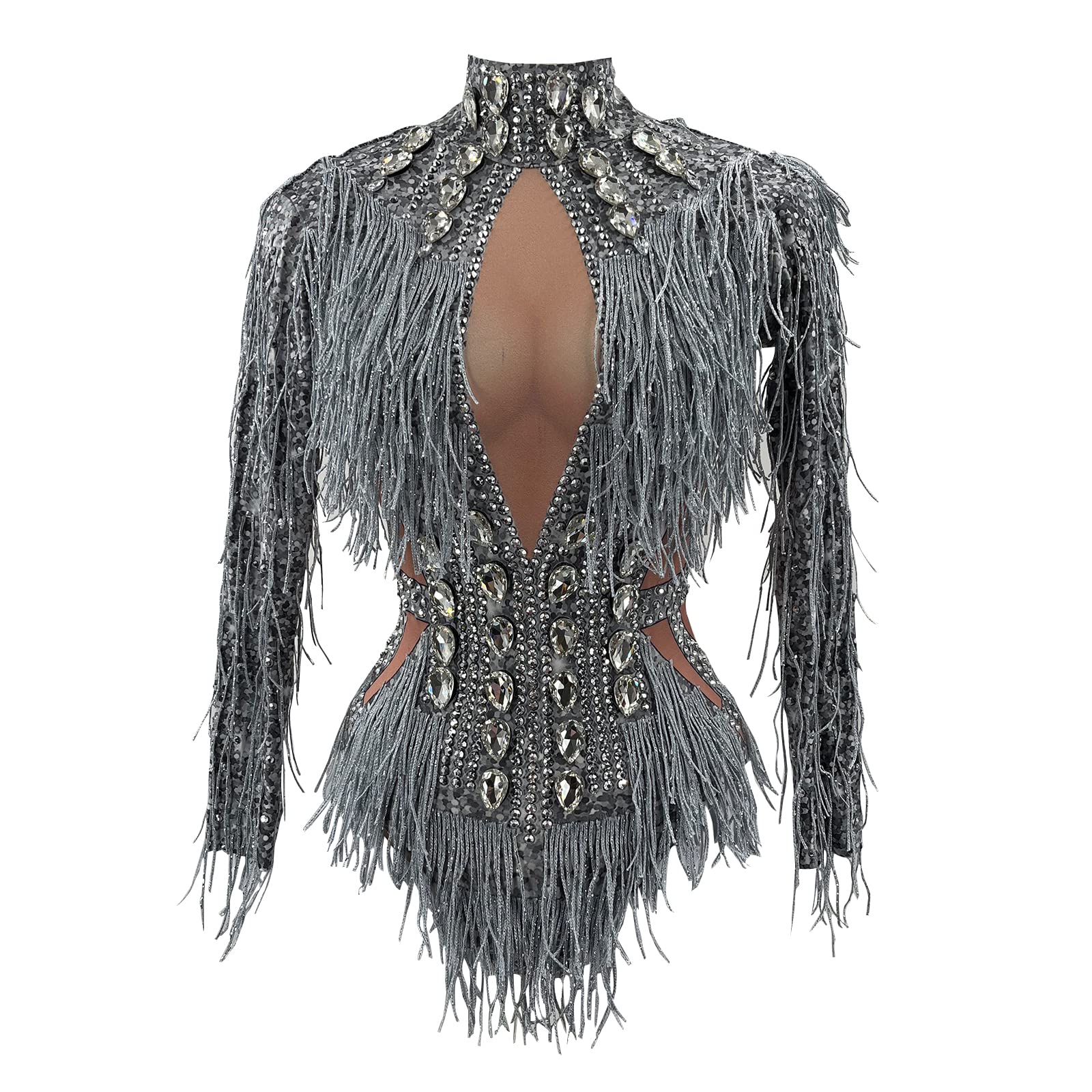 Sparkly Silver Rhinestone Fringe Crystal Bodysuit - Long Sleeve Sexy Dance Outfit for Women | Perfect for Birthday Parties, Bar Performances & Stage Shows | Glamorous Performance Wear for Singers & Dancers