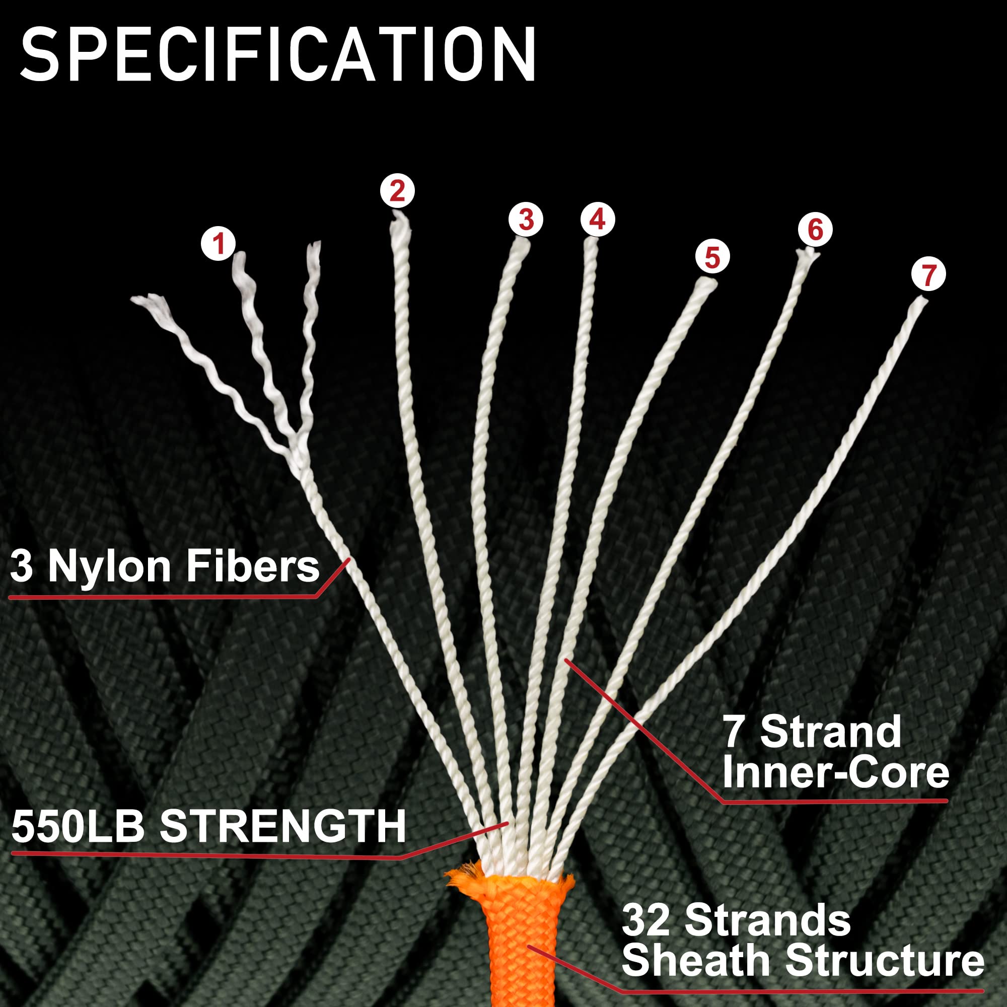 XKDOUS 550 Paracord 120ft - 7-Strand Nylon Tactical Rope for Survival, Camping & Hiking Gear