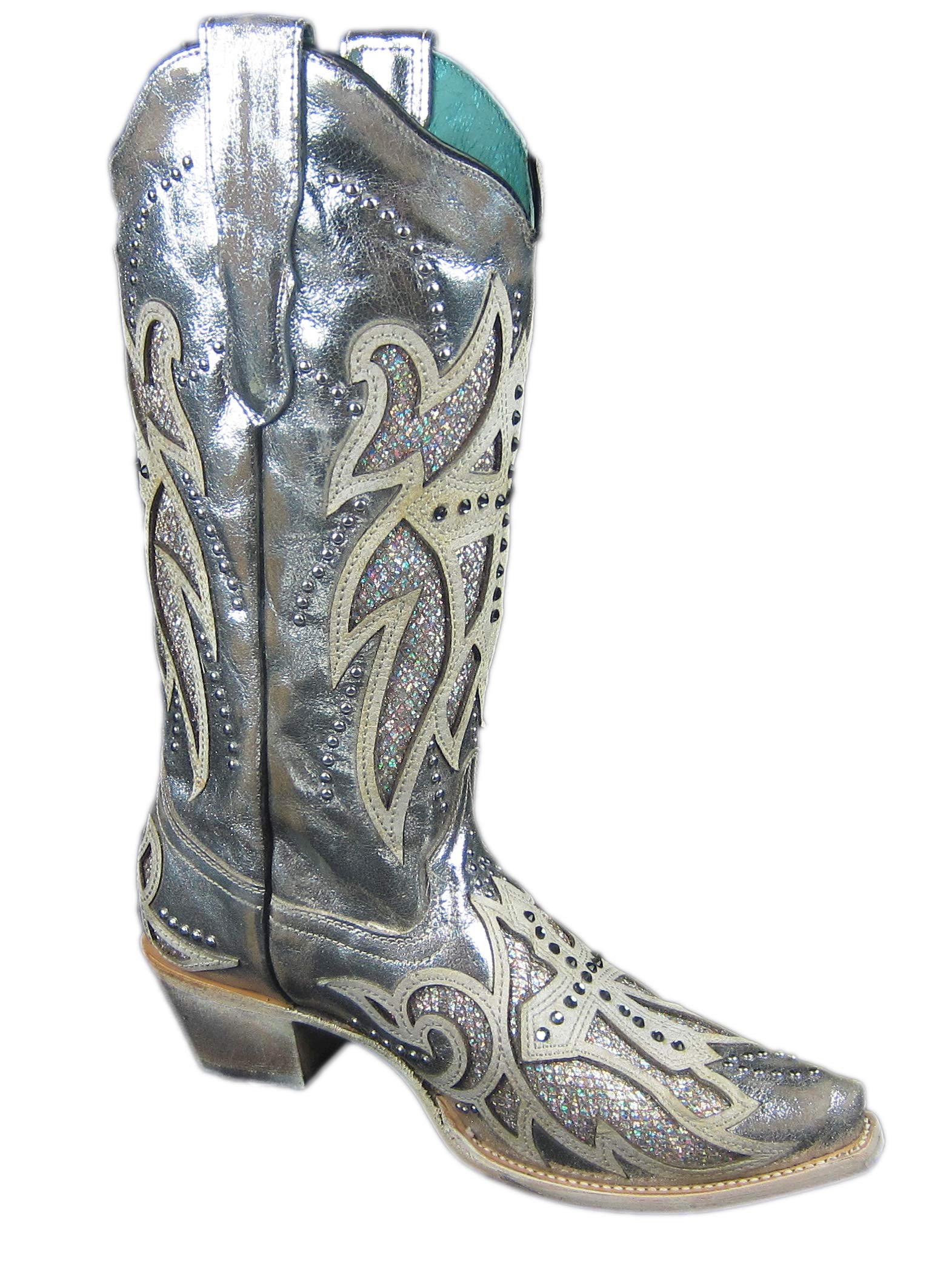 **Women's Corral Boots with Laser Inlay & Embroidered Studs - Silver (Size 7 B(M) US) | Perfect for Western Fashion, Country Concerts & Cowgirl Style**