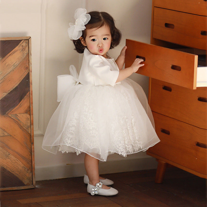 Elegant Princess Satin & Tulle Flower Girl Dress with Delicate Lace Flowers - Perfect for Weddings, Baptisms & Special Occasions
