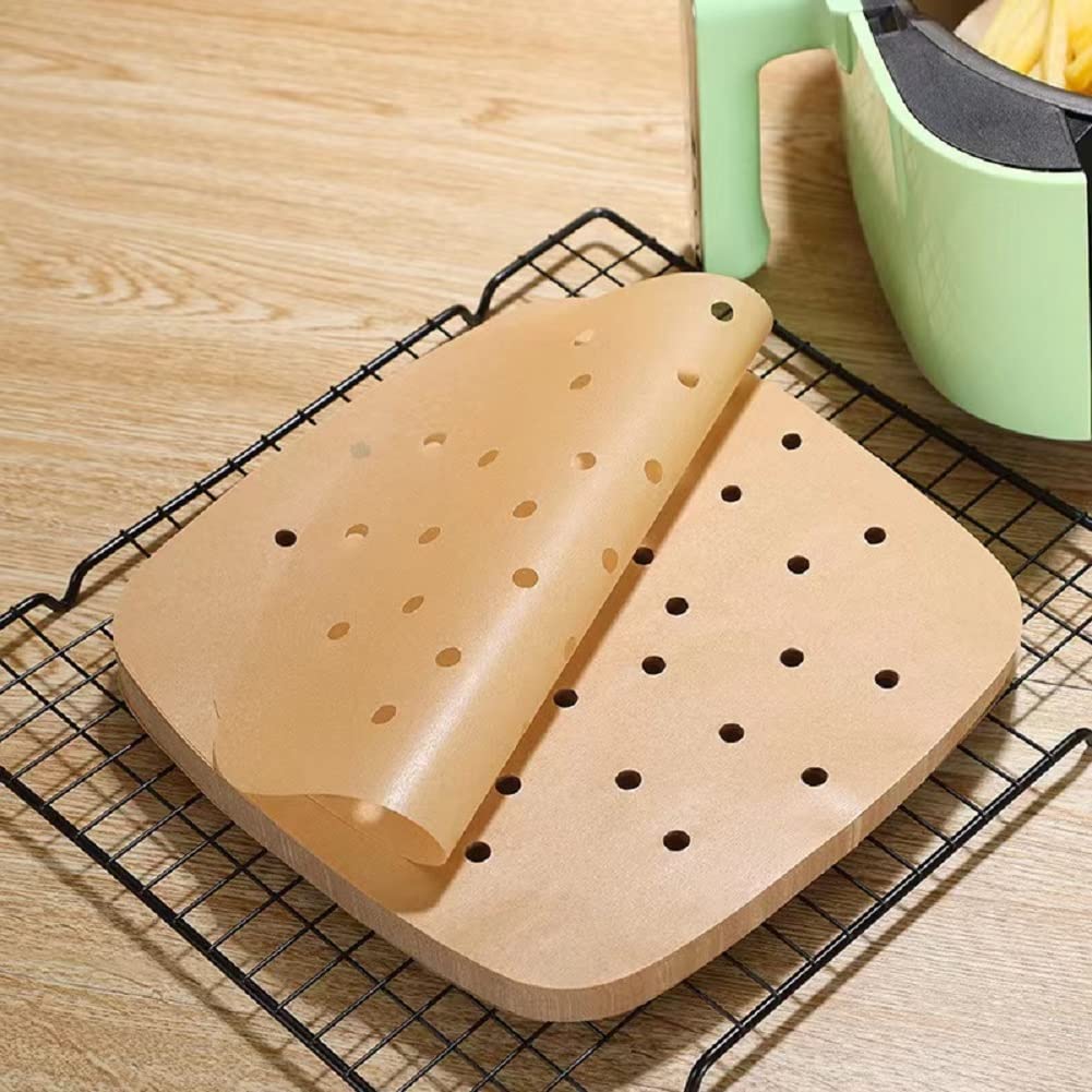 100pcs 8-inch Unbleached Bamboo Air Fryer Parchment Paper Liners - Premium Perforated Baking Sheets for Air Fryers, Ovens & Steamer Pans | Non-Stick, Eco-Friendly & Heat-Resistant for Healthy Cooking & Meal Prep