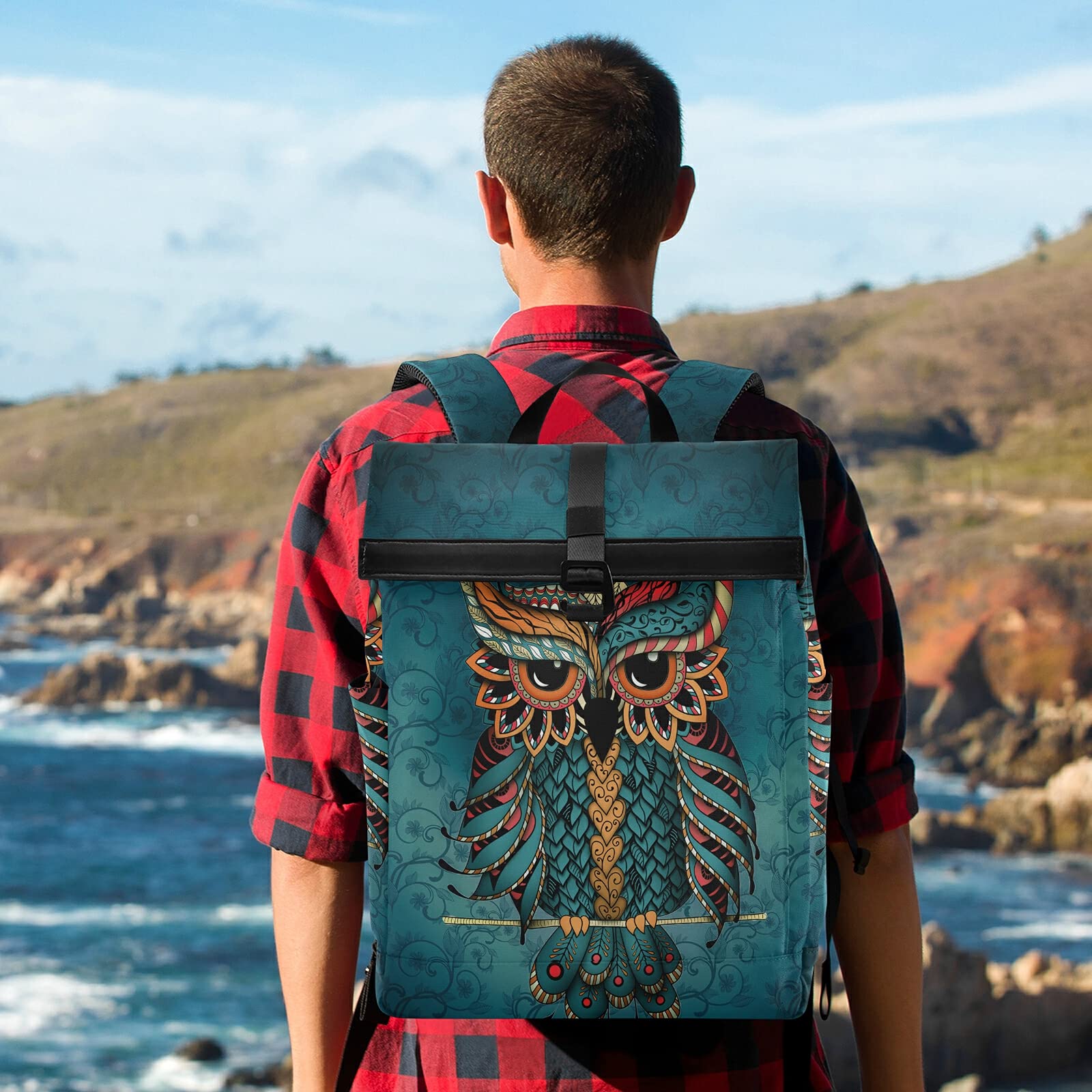 ALAZA Green Owl Print Patrick Boho Ethnic Large Waterproof Anti-Theft Roll Top Laptop Backpack for Women & Men - Fits 13-17.3 Inch Laptops - Perfect for Travel, Work & College