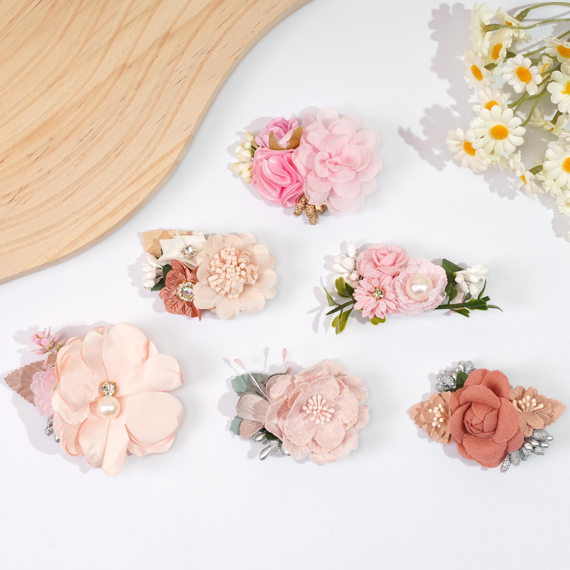 6 PCS Handmade Floral Hair Bows with Faux Pearls - Alligator Clip Barrettes for Women, Girls & Kids - Perfect for Weddings, Parties & Everyday Hair Accessories (Style 2)