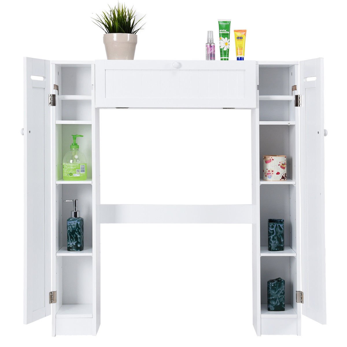 White Over The Toilet Storage Cabinet with Drop Door - Space Saving Bathroom Organizer for Towels, Toiletries & Cleaning Supplies - Perfect for Small Bathrooms, Apartments & Dorms