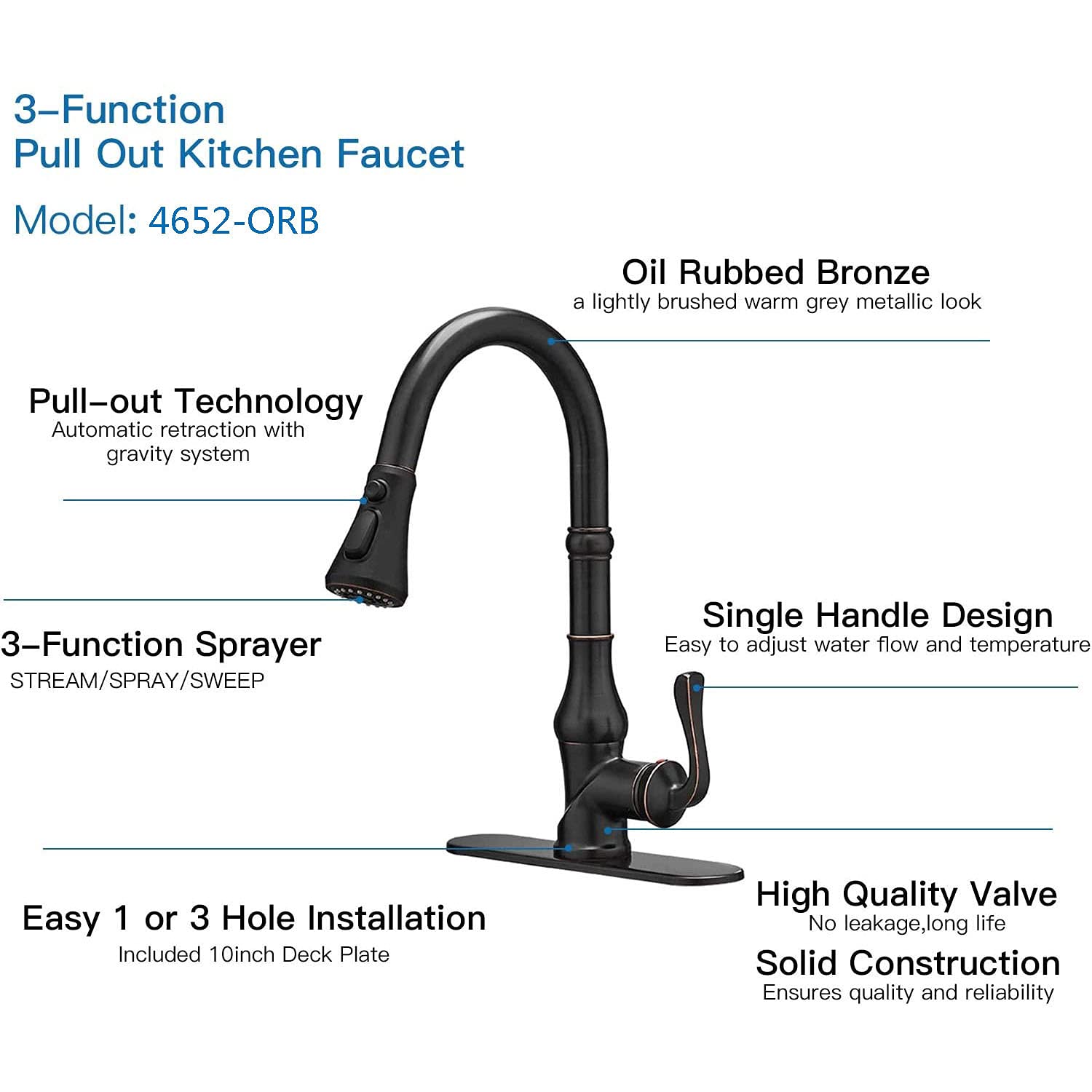 Oil Rubbed Bronze Pull Down Kitchen Faucet with Sprayer - High Arc Single Handle Commercial Grade Faucet with Deck Plate - Perfect for Farmhouse, RV & Bar Sinks (3 Spray Functions)