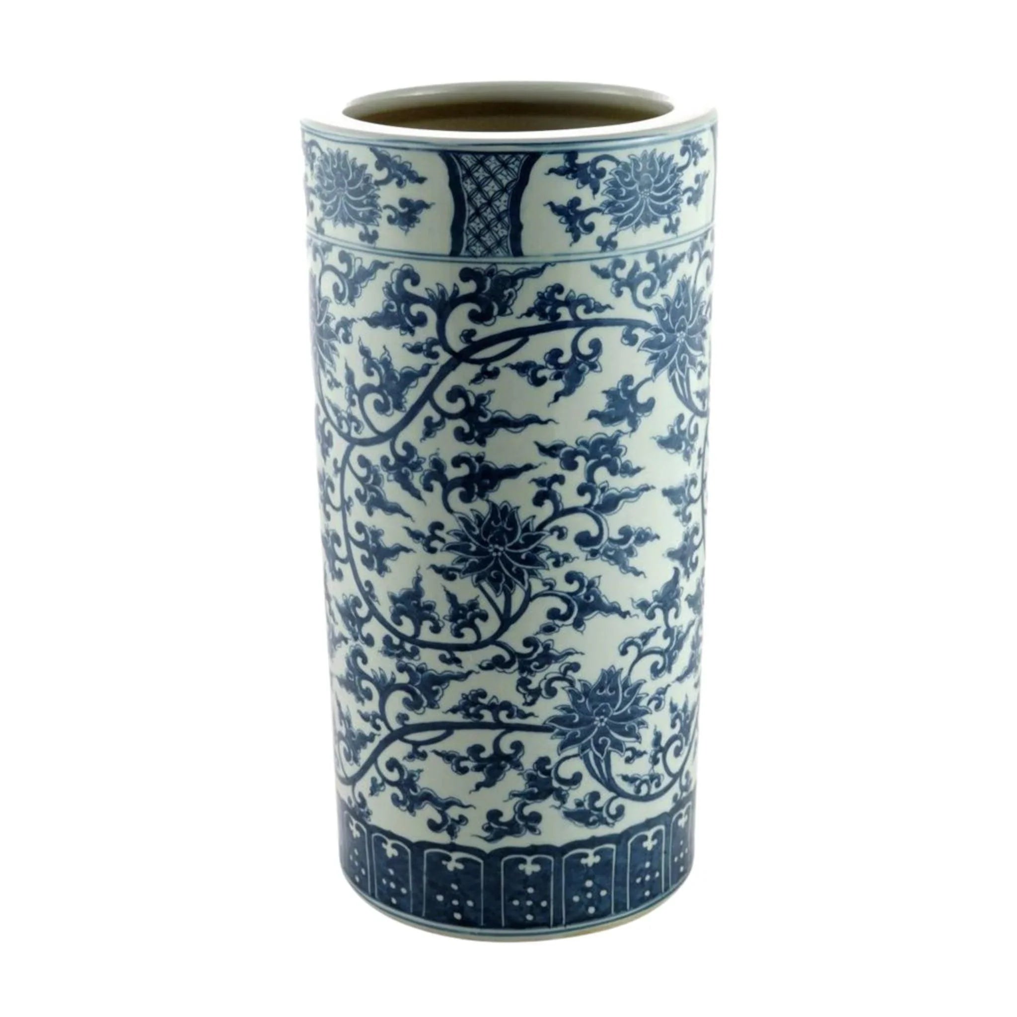 Blue and White Twisted Lotus Porcelain Umbrella Stand Vase - Handmade Ceramic Flower Vase for Entryway Decor, Perfect for Living Room, Office & Home Decor