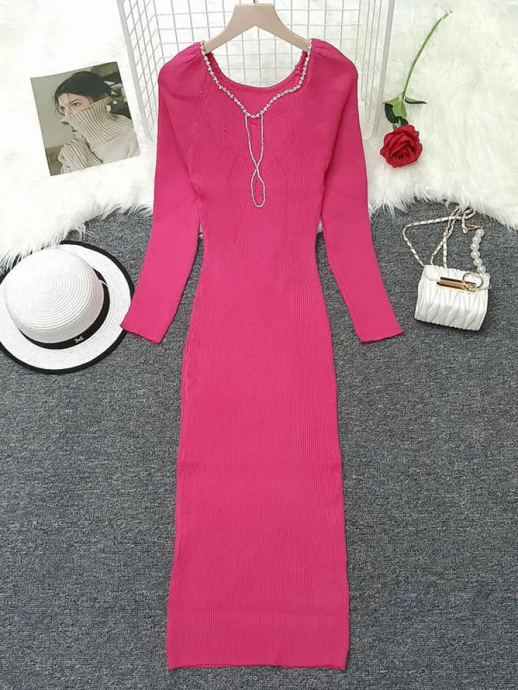 2024 French Square Neck Long Sleeve Knit Dress for Women - Elegant Solid Diamond Office Dress for Autumn Winter | Perfect for Work, Parties & Formal Occasions