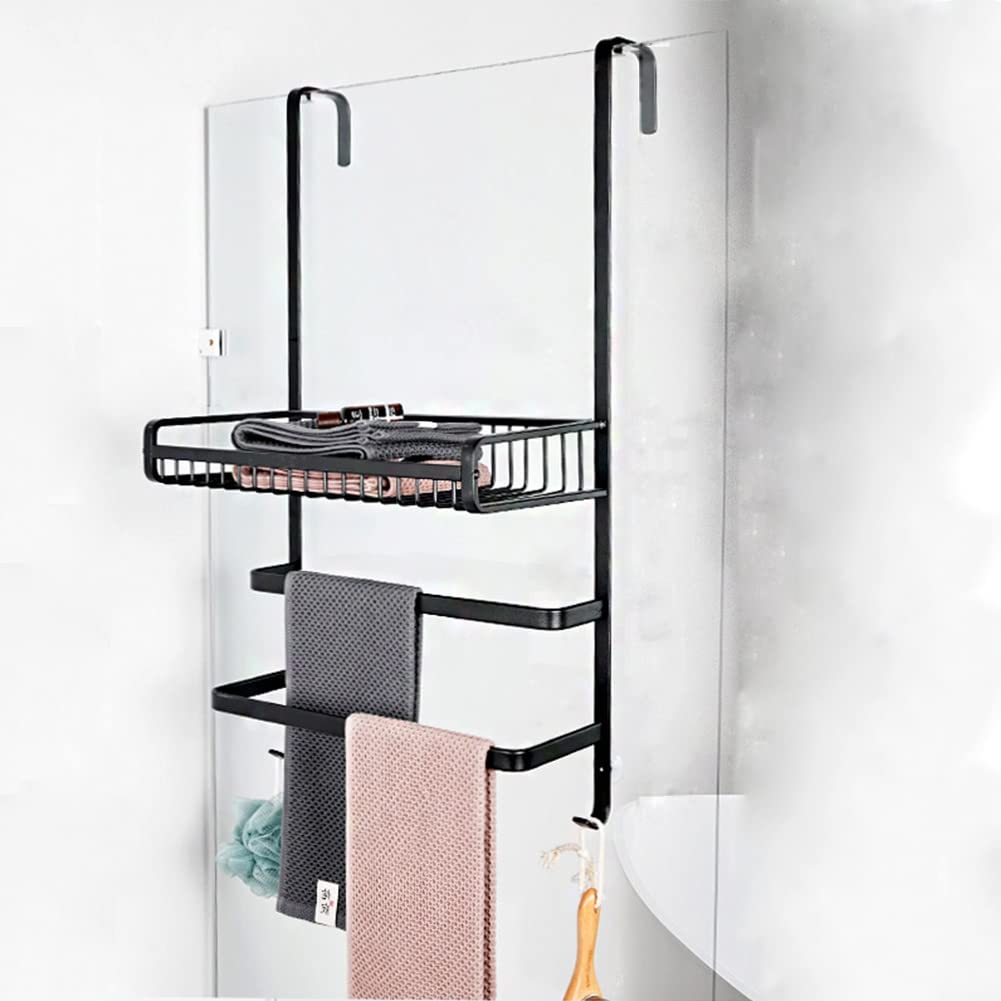 Over The Door Hanging Storage Organizer - Heavy Duty Spice Rack Shelf with Hooks & Towel Bar for Bathroom, Kitchen, Pantry - Space Saving Black Organizer (2 Bars, 30cm) - Perfect for Small Spaces, Apartment Living & Clutter-Free Organization