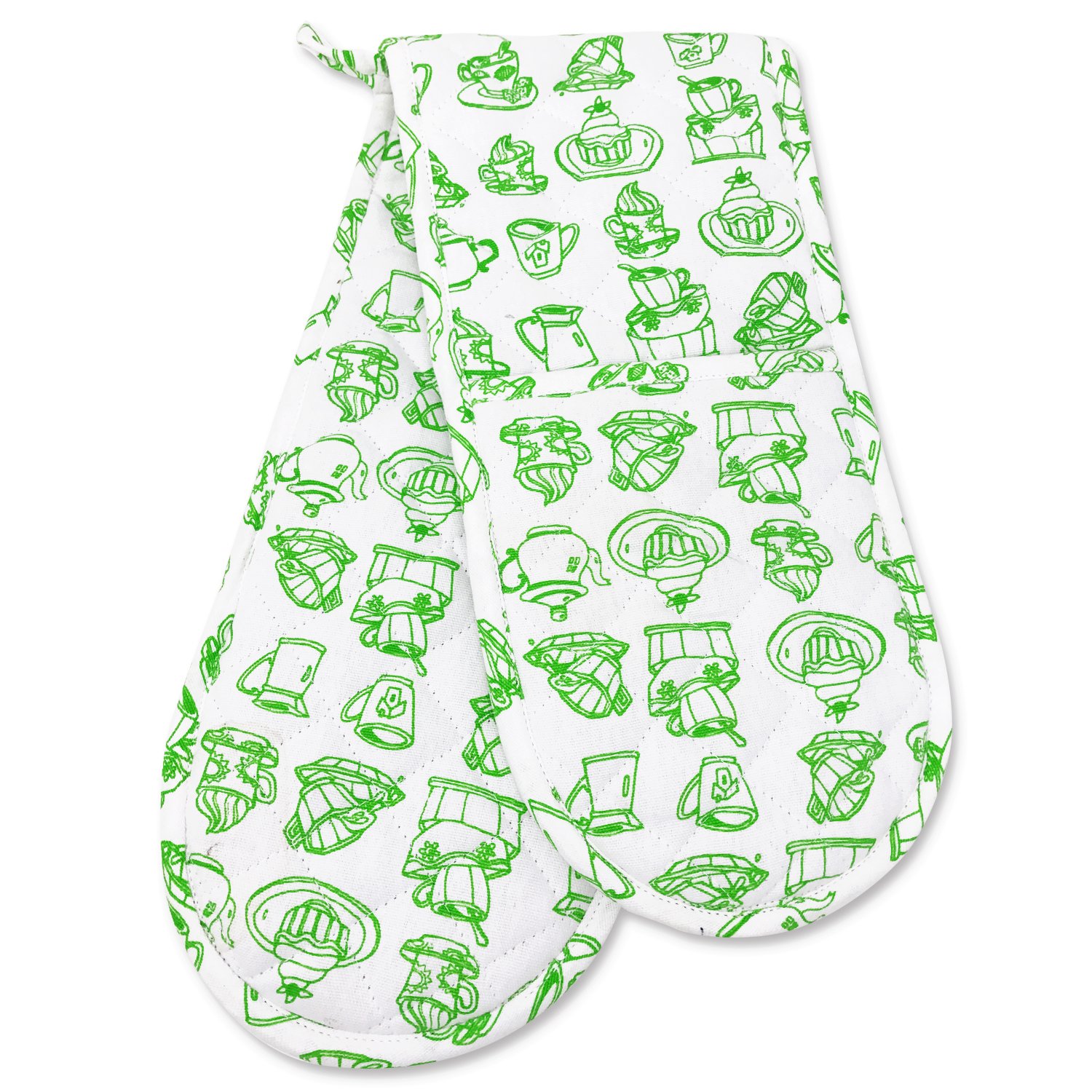 Heat Resistant Double Oven Mitts - Extra Long & Thick Quilted Cotton BBQ Gloves for Kitchen (Green Tea Coffee Cake Pattern) - Perfect for Baking, Grilling, Cooking & Pot Handling