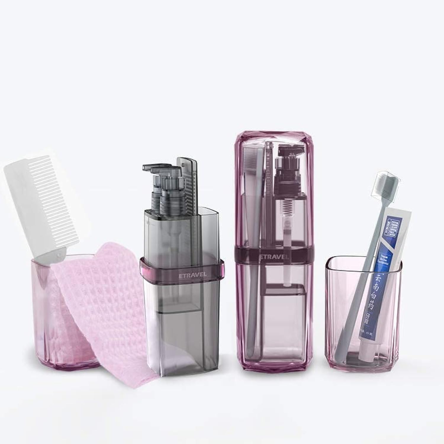 **7-in-1 Travel Toothbrush Case with Leak-Proof Design | Portable Toothbrush & Toothpaste Holder, Shampoo & Shower Gel Dispenser | Includes Towel, Toothbrush & Foldable Comb (Purple) – Perfect for Camping, Gym & Business Trips**