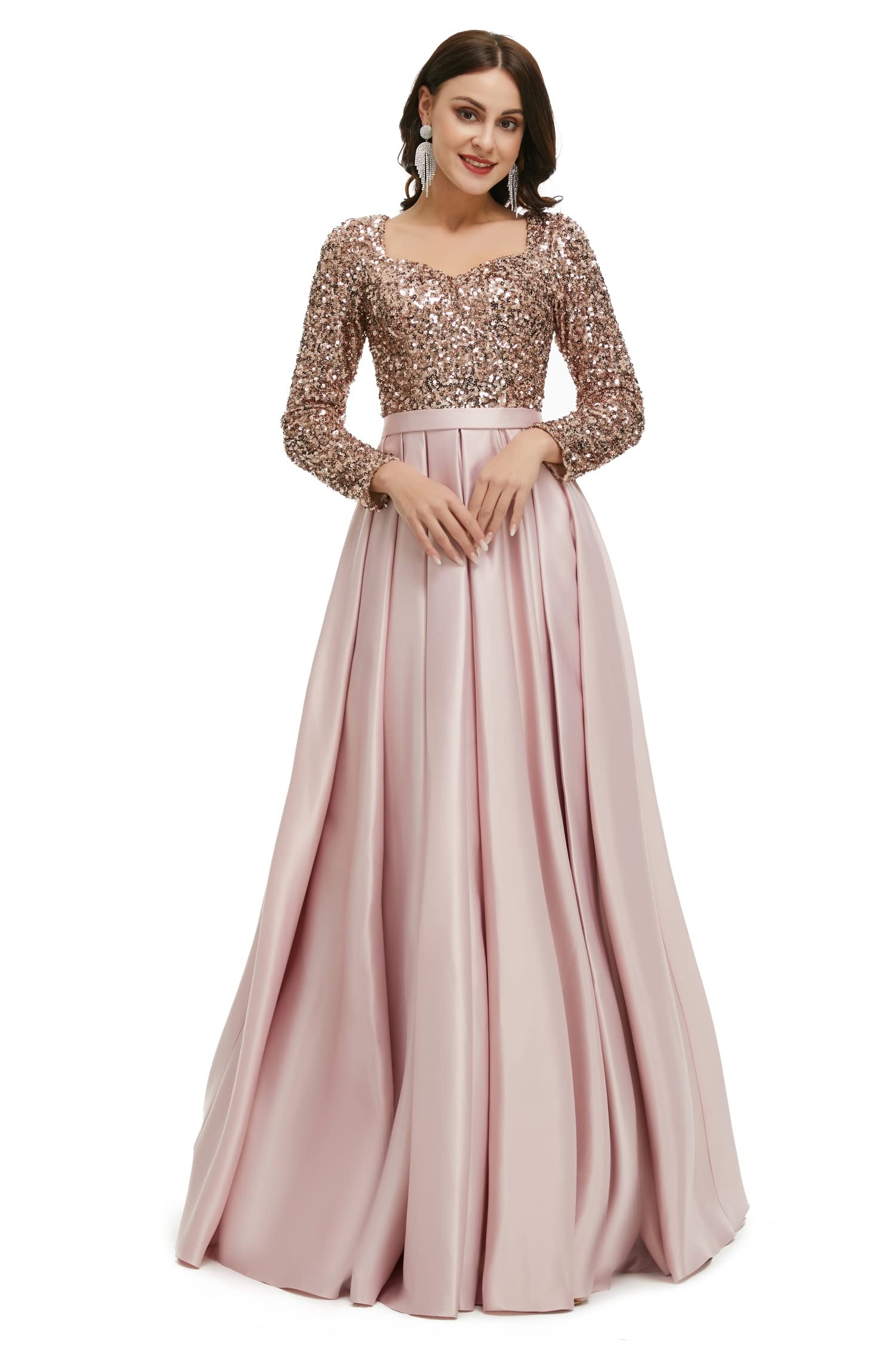 Engerla Sequined A-Line Long Sleeve Bridal Gown | Wedding Dress for Bride & Bridesmaids | Elegant Prom & Evening Party Dress for Women | Perfect for Weddings, Galas & Formal Events