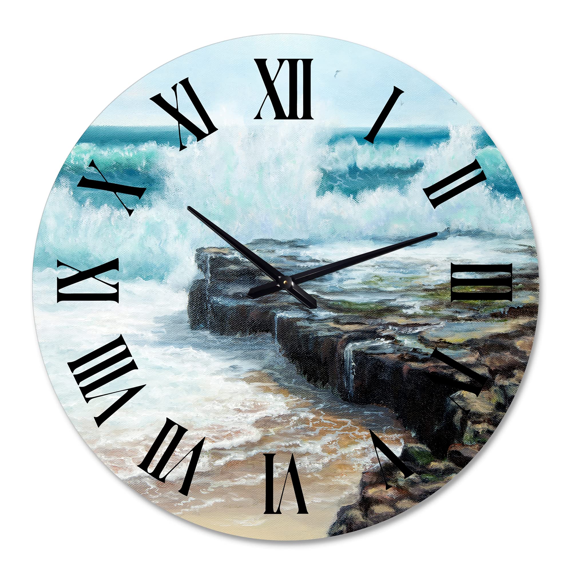 DesignQ Nautical Coastal Wall Clock - 'Wild Waves Breaking On The Shore' - 12 Inch Round Blue Clock for Kitchen, Living Room, Bedroom & Office Decor - Perfect for Beach House, Coastal & Marine Theme Home Decor