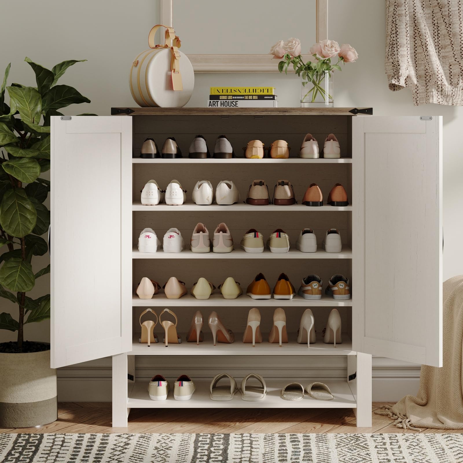 Maupvit 6-Tier Wooden Shoe Cabinet with Doors - Adjustable Shelves Farmhouse Entryway Shoe Storage Organizer for Hallway, Living Room & Foyer - Perfect for Small Spaces & Home Organization (White)