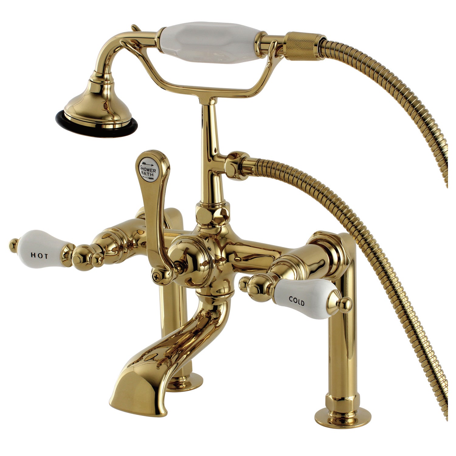 Vintage Clawfoot Tub Faucet with Hand Shower - 3 Handle Deck Mount 2 Hole Polished Brass Bathroom Fixture for Classic & Modern Bathrooms