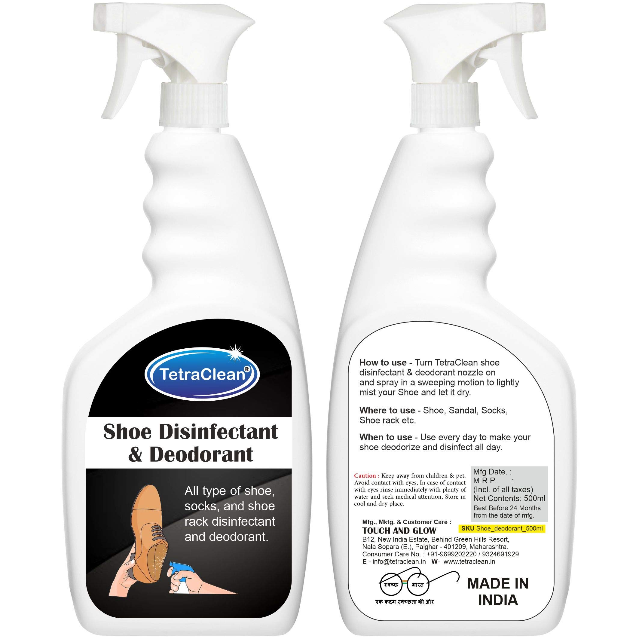 Tetraclean Shoe Deodorizer & Disinfectant Spray - Eliminates Odor & Bacteria for Shoes, Socks & Shoe Racks | 500ml Fresh Scent | Ideal for Gym Shoes, Work Boots & Sports Gear | Home & Commercial Use