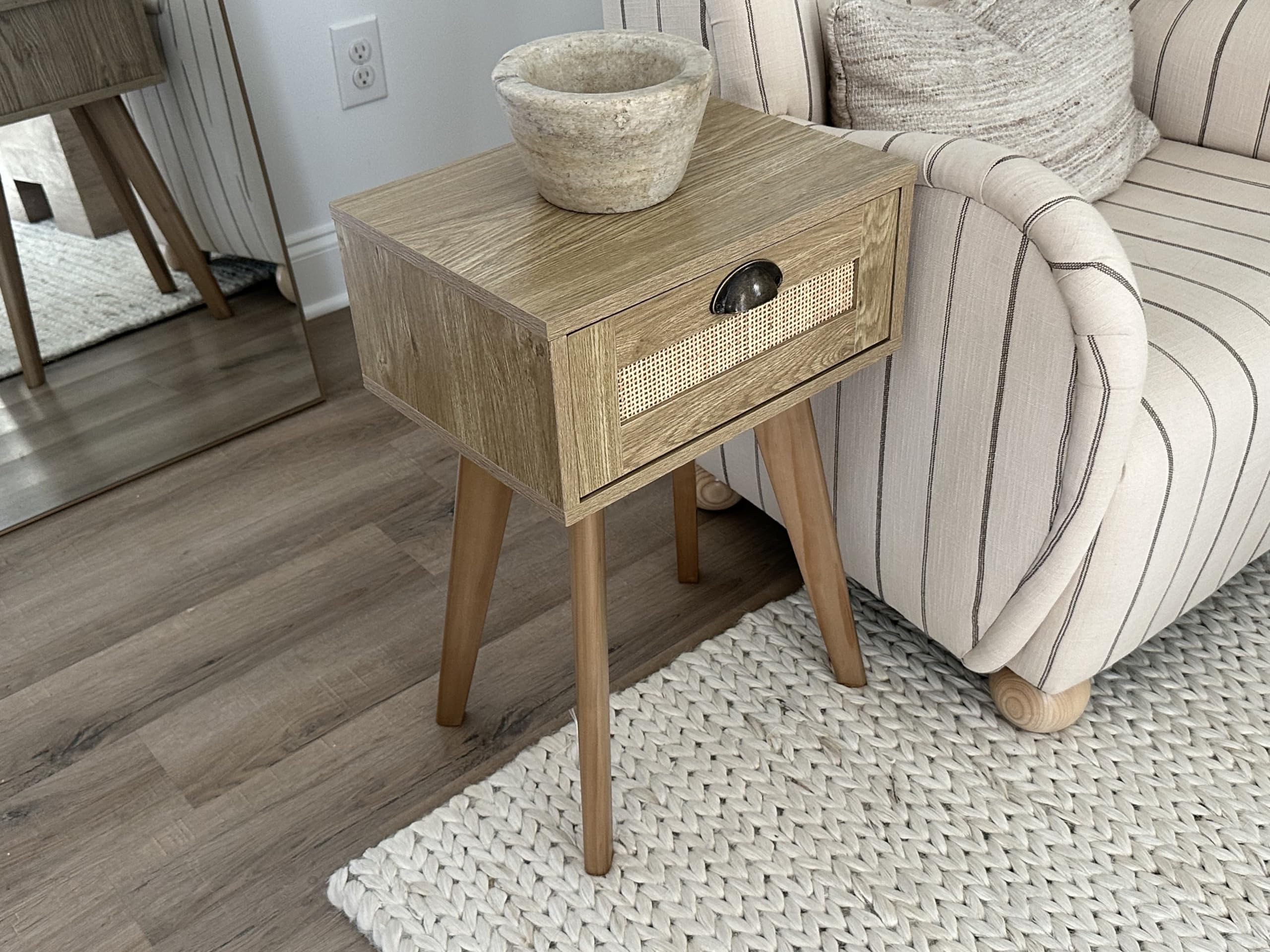 PHI VILLA Mid Century Modern Rattan Nightstands Set of 2 - Boho Bedside Tables with Storage Drawer, Small Space End Tables for Living Room & Bedroom - Perfect for Apartment Decor and Cozy Bedside Organization