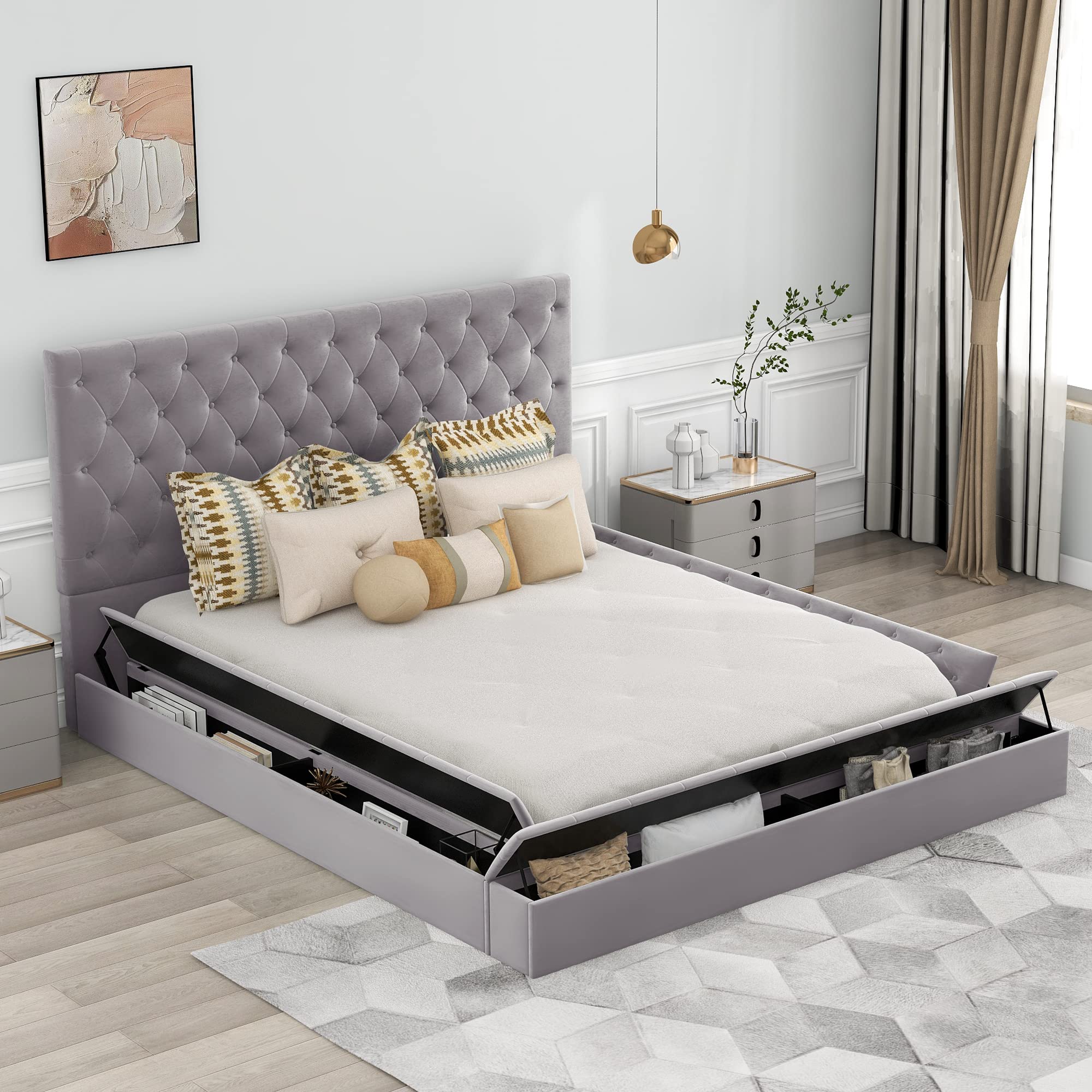 INLIFE Queen Size Upholstered Platform Bed with Storage Drawers on Both Sides & Footboard - Gray Upholstery | Modern Bedroom Furniture with Underbed Storage | Perfect for Small Spaces & Guest Rooms