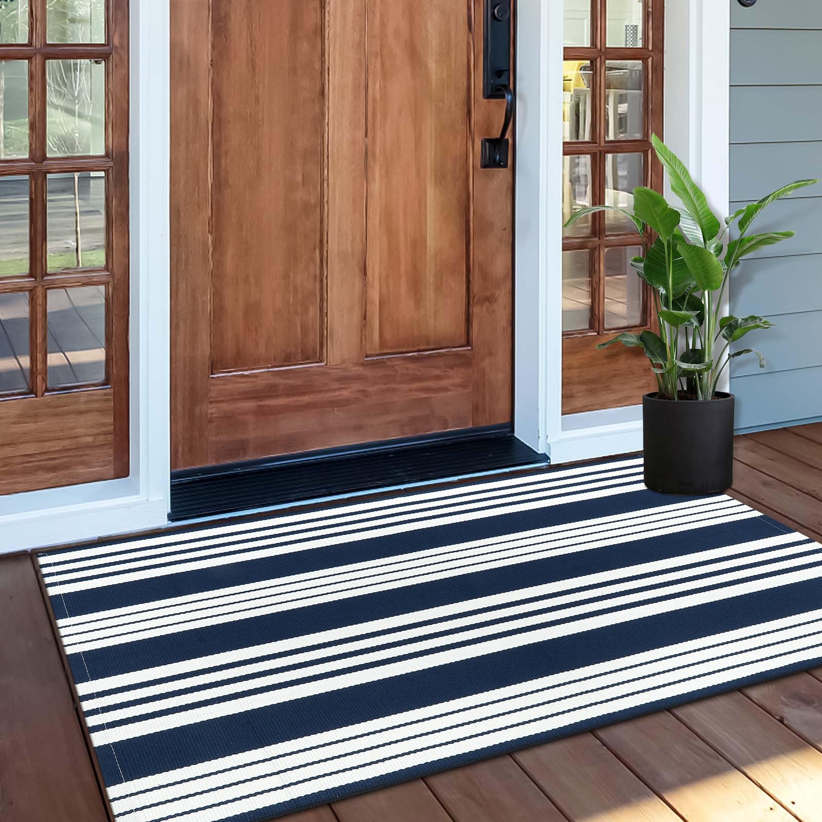 2'x4.3' Machine Washable Cotton Woven Doormat - Indoor/Outdoor Entryway Rug for Front Door, Patio, Porch & Kitchen | Non-Slip Black & Blue Layered Mat for High Traffic Areas | Perfect for Muddy Shoes, Pet Paws & Wet Weather Protection