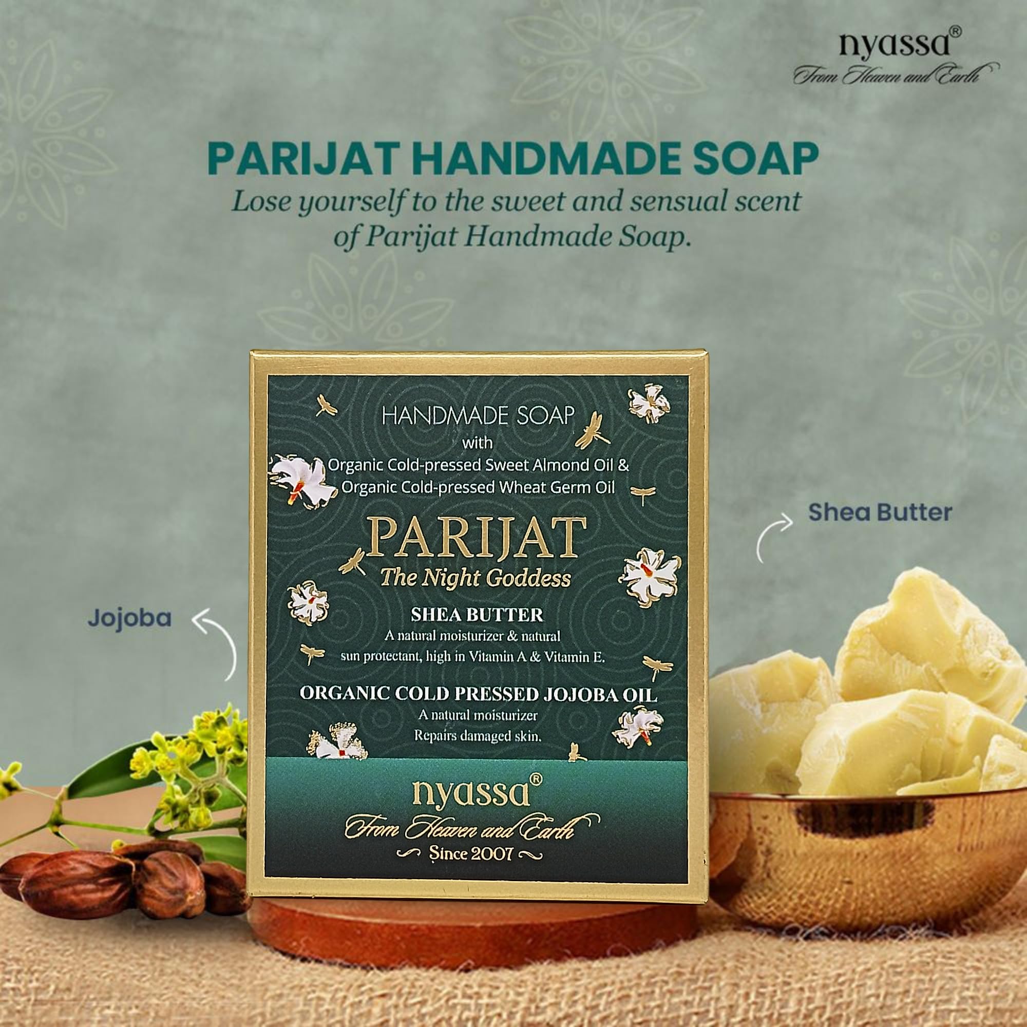 Nyassa Luxurious Parijat Handmade Natural Bathing Soap with Shea Butter & Jojoba Oil | Jasmine & Parijat Fragrance for All Skin Types | 150g | Perfect for Spa Day, Gift Sets & Relaxing Bath Time