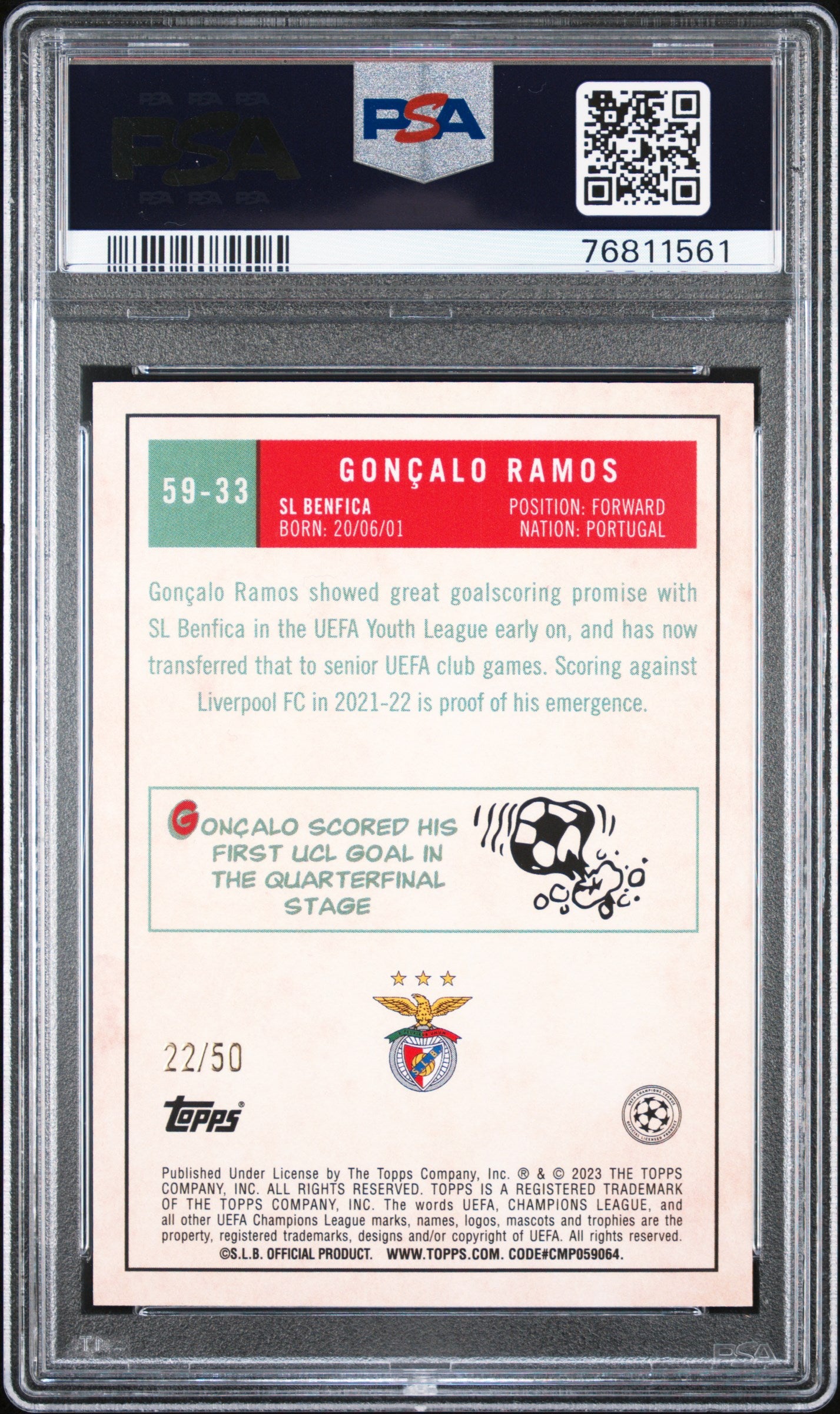 2022 Topps UEFA Goncalo Ramos #59 Gold Parallel /50 PSA 9 Mint - Rare Soccer Trading Card for Collectors & Investors - Perfect for Display, Gifts, and Sports Memorabilia Collections