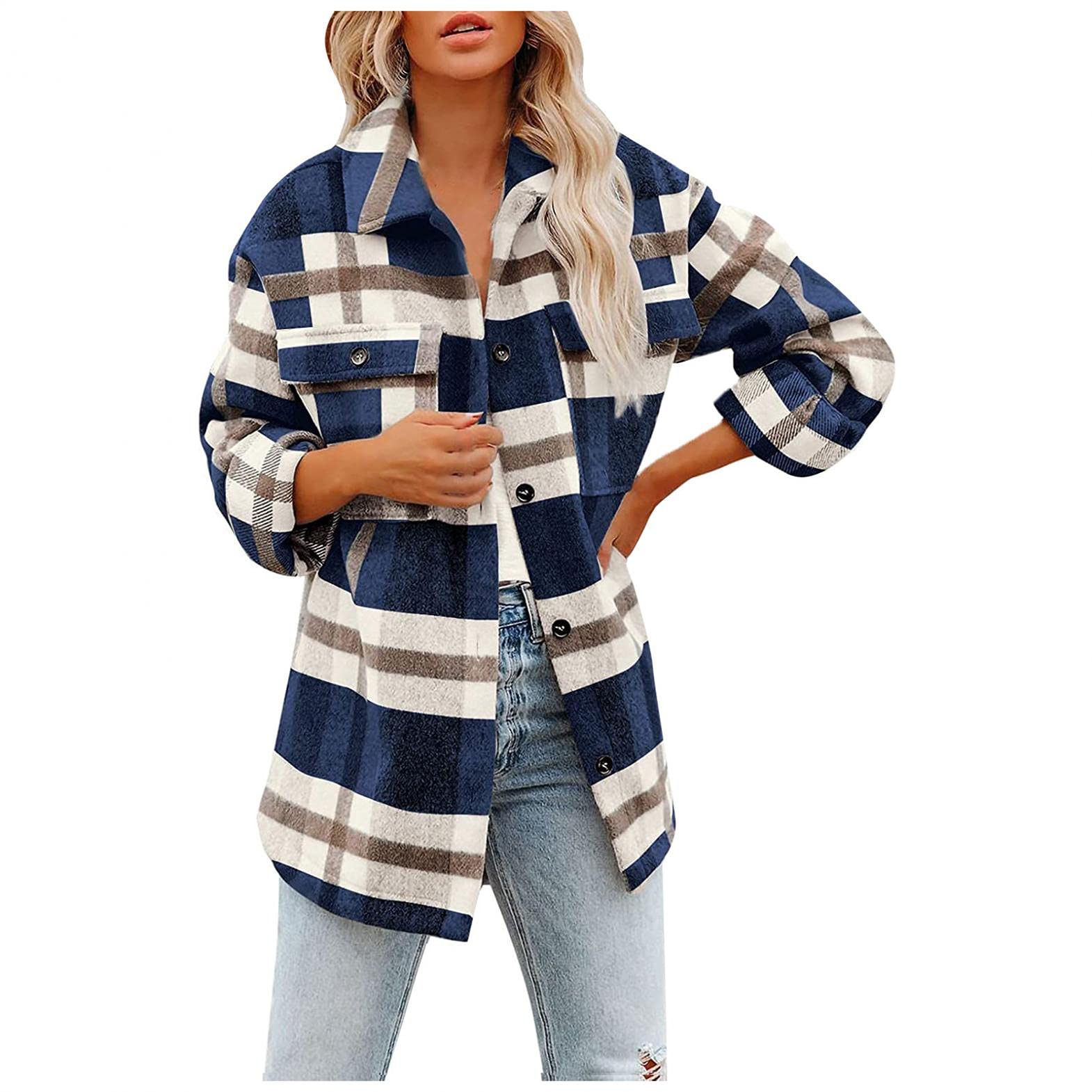 Women's Casual Plaid Shacket Jacket - Long Sleeve Button Down Shirt Coat with Pockets | Plus Size Cardigan for Fall & Winter | Perfect for Office, Travel and Outdoor Activities