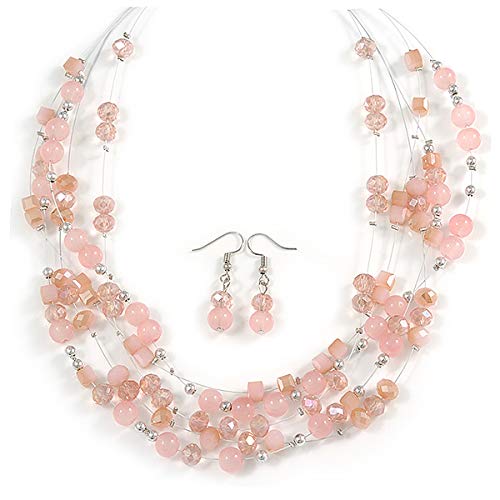 Elegant Light Pink Glass & Crystal Floating Bead Necklace and Drop Earring Set - 48cm Length with 5cm Extender - Perfect for Weddings, Parties, and Special Occasions