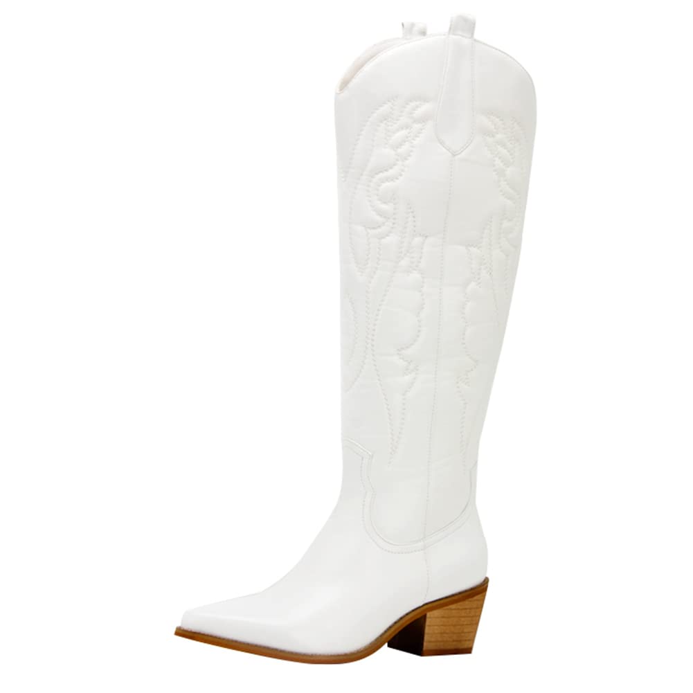 CYNLLIO Women's Western Cowgirl Knee High Boots - Mid Chunky Heel White Cowboy Wedding Dress Boots - Pull On Casual Solid Color Boots for Country Dancing, Rodeo & Western Fashion