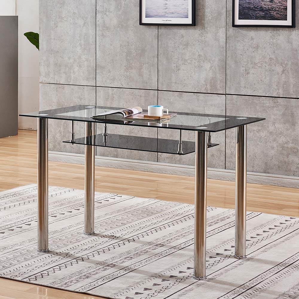 Modern Glass Top Dining Table with Storage Shelf - Tempered Safety Glass, Space-Saving Design for Small Apartments & Homes | Perfect for Breakfast Nook, Studio Living & Compact Dining Areas