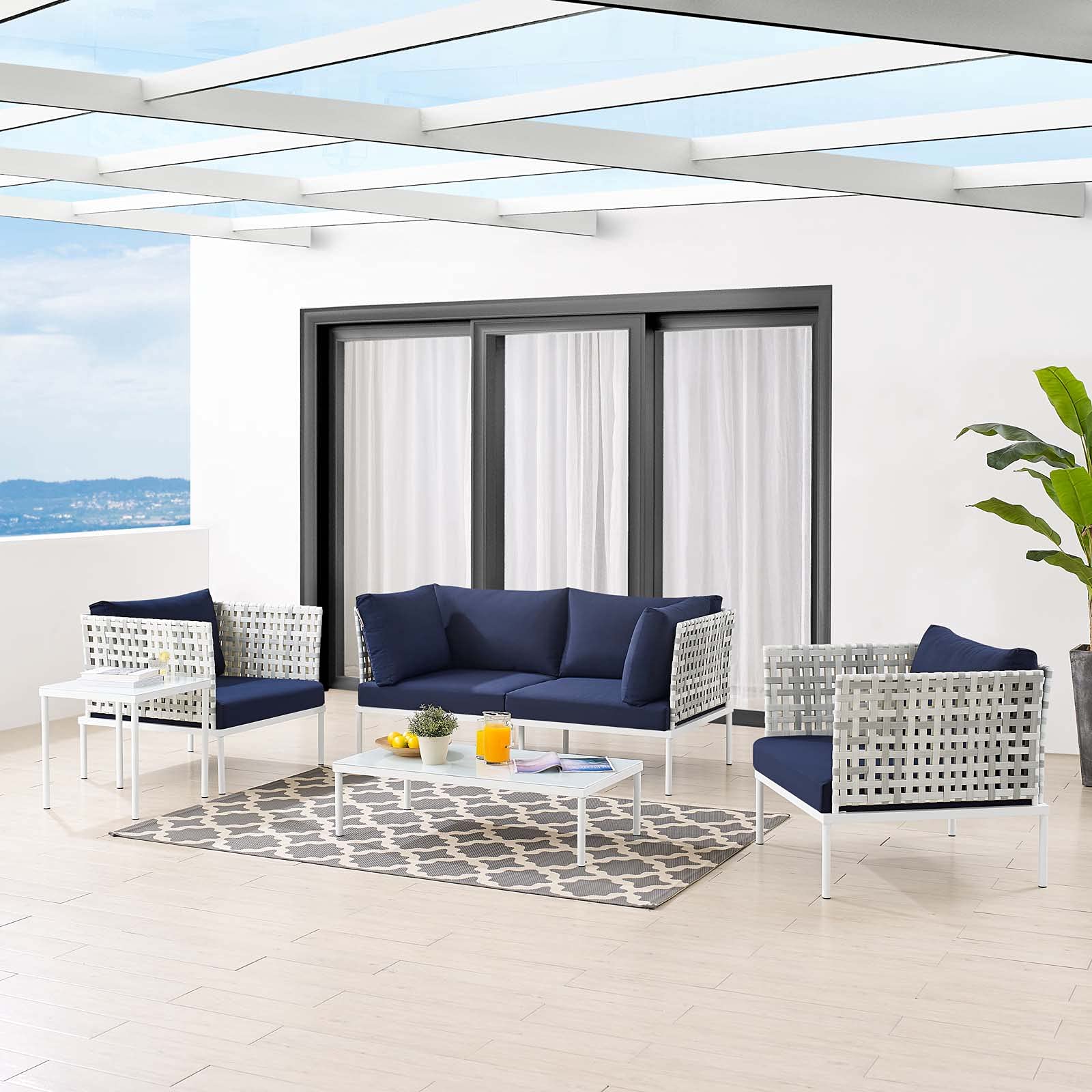 Modern Navy Blue Aluminum Lounge Sectional Sofa Set with Chair & Table - Outdoor Patio, Garden, Cafe & Poolside Furniture for Relaxing & Entertaining