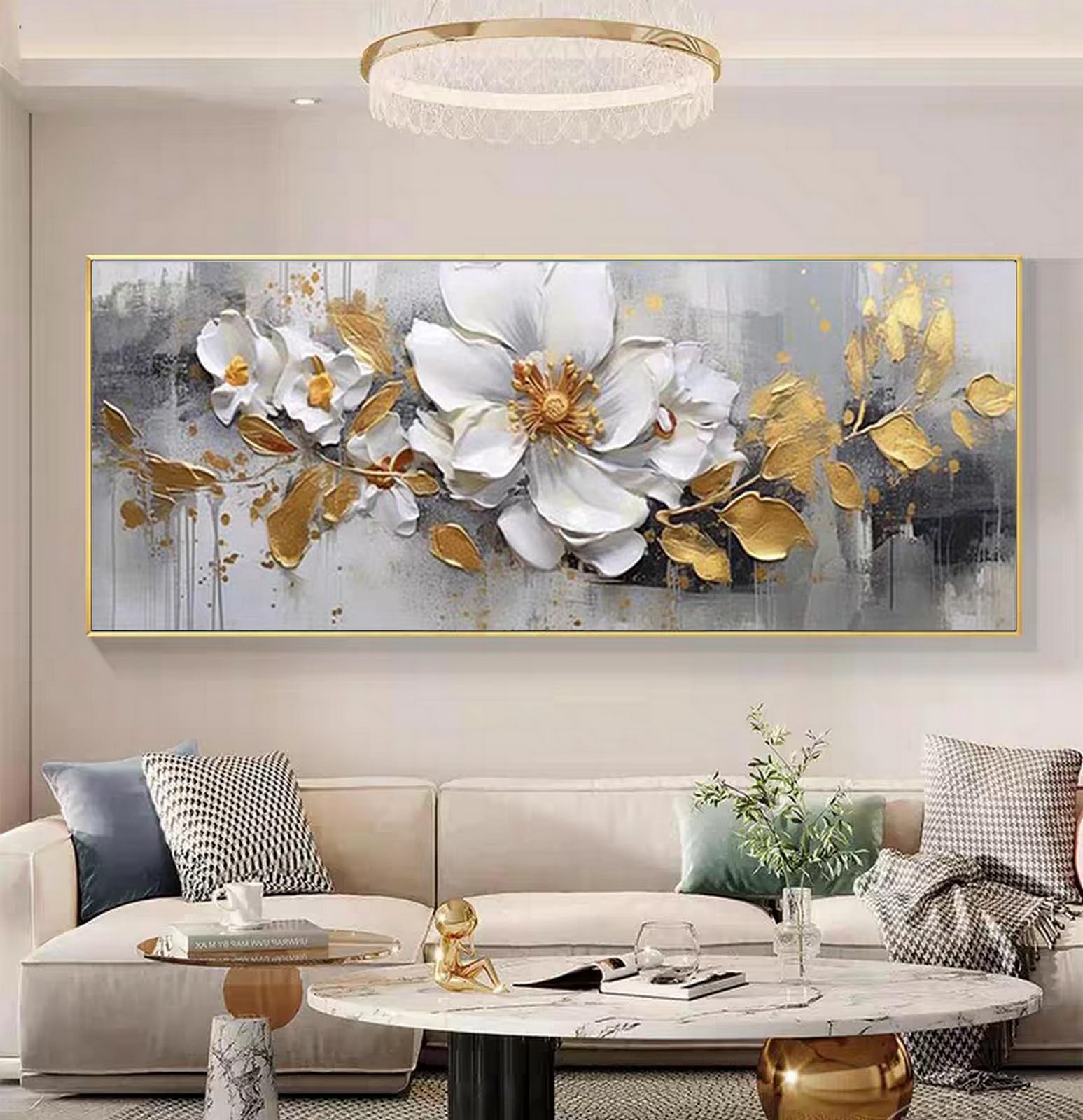 Hand Painted White Flower Golden Leaf Floral Oil Painting on Canvas - Large 24x56 Inch Framed Wall Art for Living Room, Bedroom, Office & Kitchen Decor | Perfect for Home, Office & Restaurant Wall Decoration