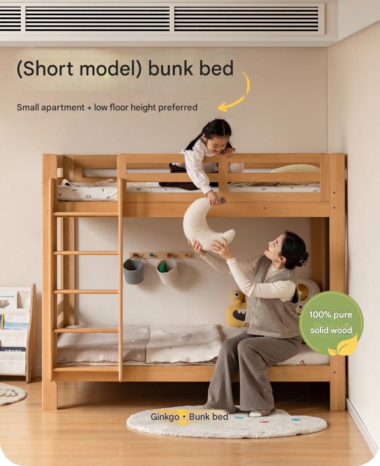 Solid Wood Bunk Bed - Beech & Birch Twin/Full Size - Space-Saving Kids & Guest Room Furniture for Small Bedrooms & Vacation Homes