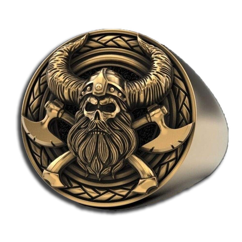 Viking Skull Ring for Men - Norse Warrior Jewelry with Crossed Axes & Tribal Design, Punk Gothic Amulet Ring, Vintage Gladiator Helmet Style, Perfect Gift for Bikers & Metal Fans - Ideal for Halloween, Cosplay & Dark Fashion Accessories