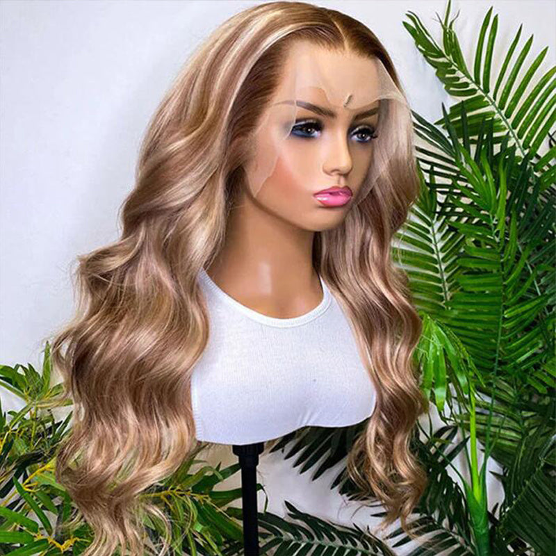 Eullair P8/613 Piano Highlights Body Wave 13×4 Lace Frontal Wig - Brown with Blonde Highlights Straight Human Hair Wig for Women | Perfect for Daily Wear, Parties & Special Occasions