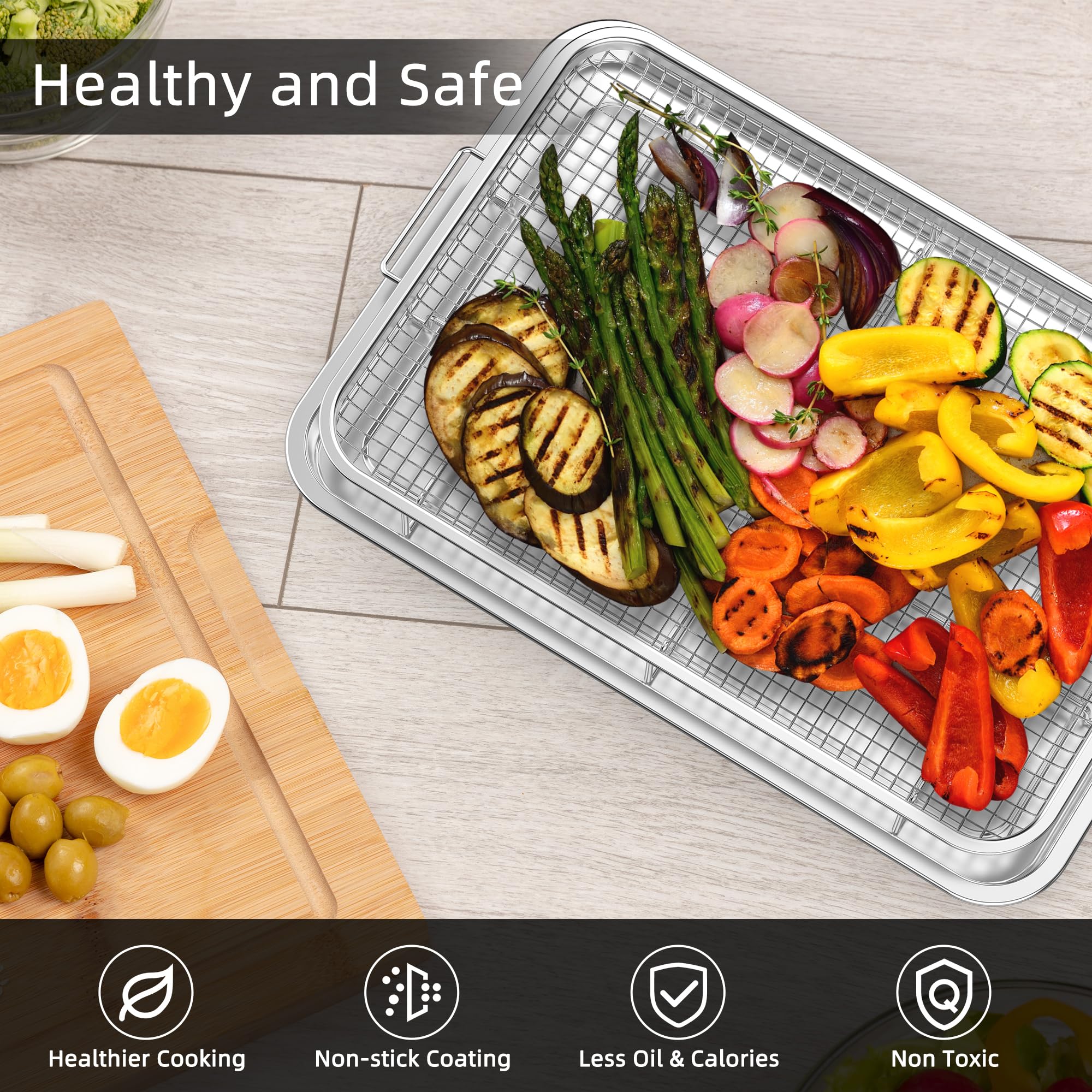 YEPATER 18.6 x 12.8 Inch Extra Large Stainless Steel Air Fryer Basket & Crisper Tray with 30 PCS Parchment Paper - Perfect for Baking Fries, Chicken Wings, Bacon in Oven - Ideal for Family Cooking, Meal Prep & Healthy Snacks