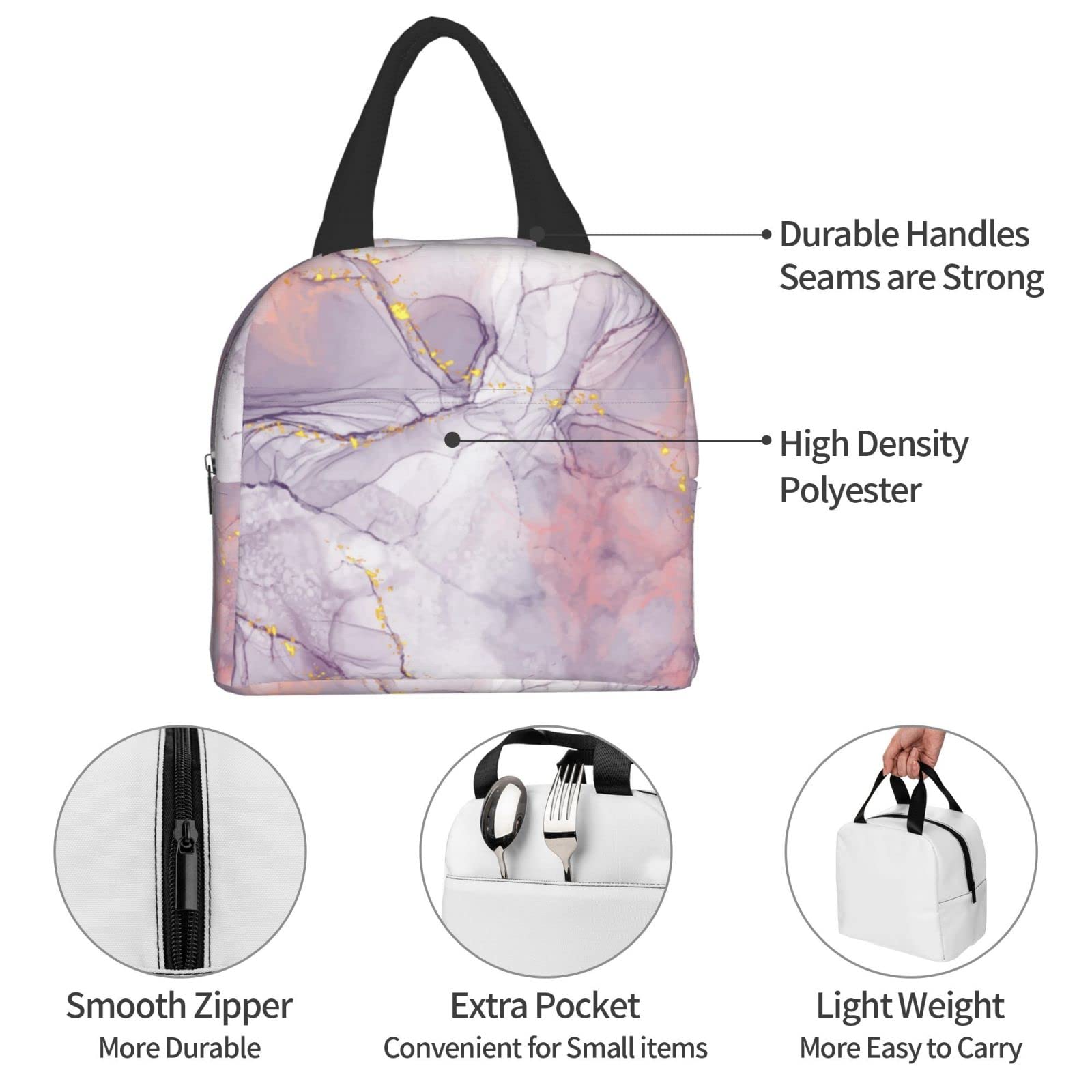 Insulated Marble Print Lunch Bag - Reusable & Leak-Proof Meal Container for Work, Travel & Picnic | Portable Tote for Men & Women | Keep Food Fresh for Hours