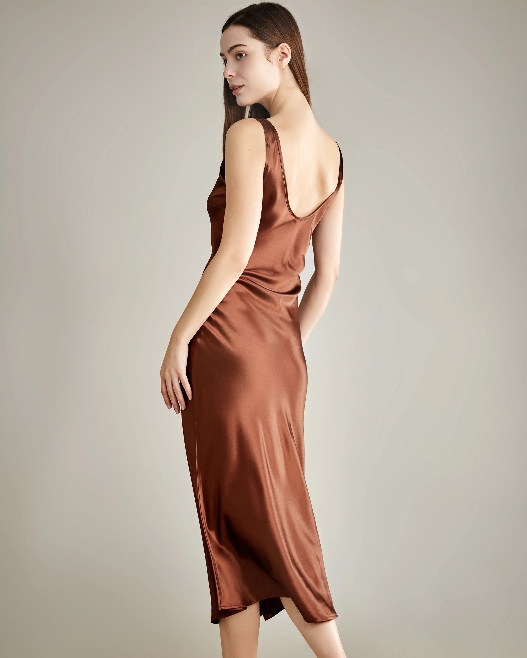 Elegant Scoop Neck Midi Silk Slip Dress for Women - Comfortable & Luxurious Nightwear, Loungewear & Evening Wear